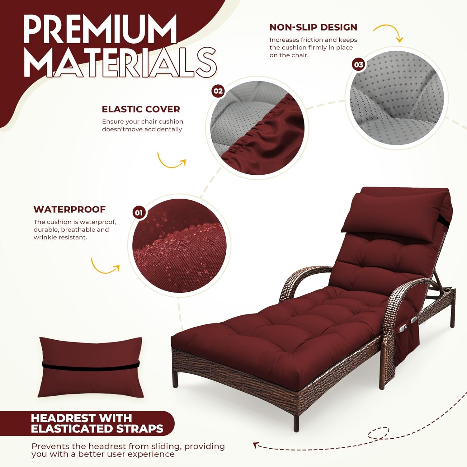 Outdoor Chaise Lounge Chair Cushion, Waterproof Outdoor Chair Cushions for Patio Furniture, 71 x 21 x 4 Inches Replacement Chaise Lounge Cushion with Ties (Red)