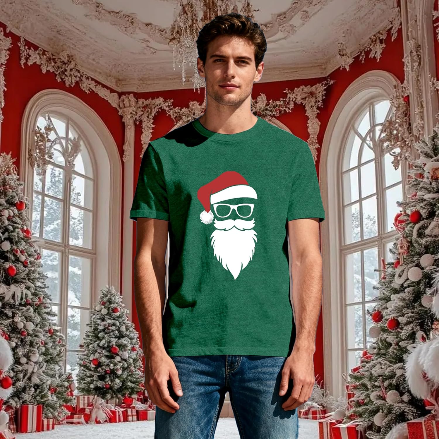 Mens Christmas Shirt Cute Santa T-Shirts Xmas Claus Tee Tops - Image 2
