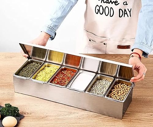 Miniatura 13 de Barra de condimentos de acero inoxidable de 4 compartimentos (parte inferior abierta)- Dispensador de condimentos para servir bandeja de guarnición