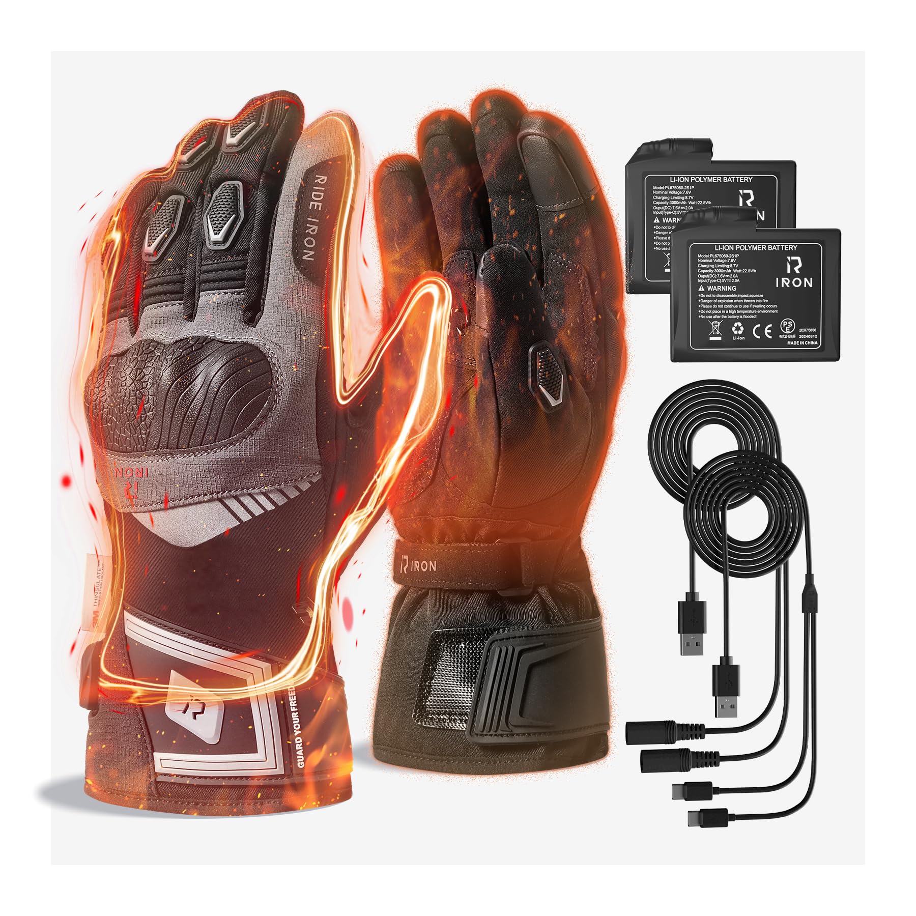 RIDEIRON Guantes Moto Calefactables, CE Nivel 1 KP, Pantalla Táctil | Calor hasta las puntas de los dedos, 3 niveles, modo inteligente, batería recargable de 7,4 V e impermeables, modelo: MG7501H