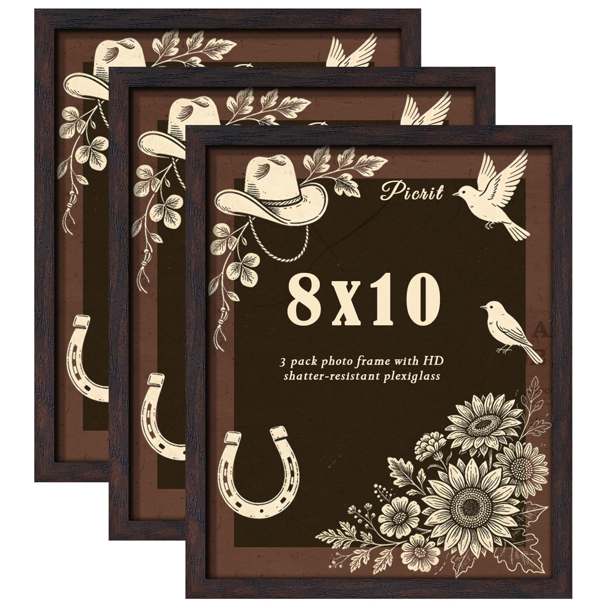 Picrit 8x10 Picture Frame 3 Pack, Wall Mount &amp; Tabletop Display, Walnut