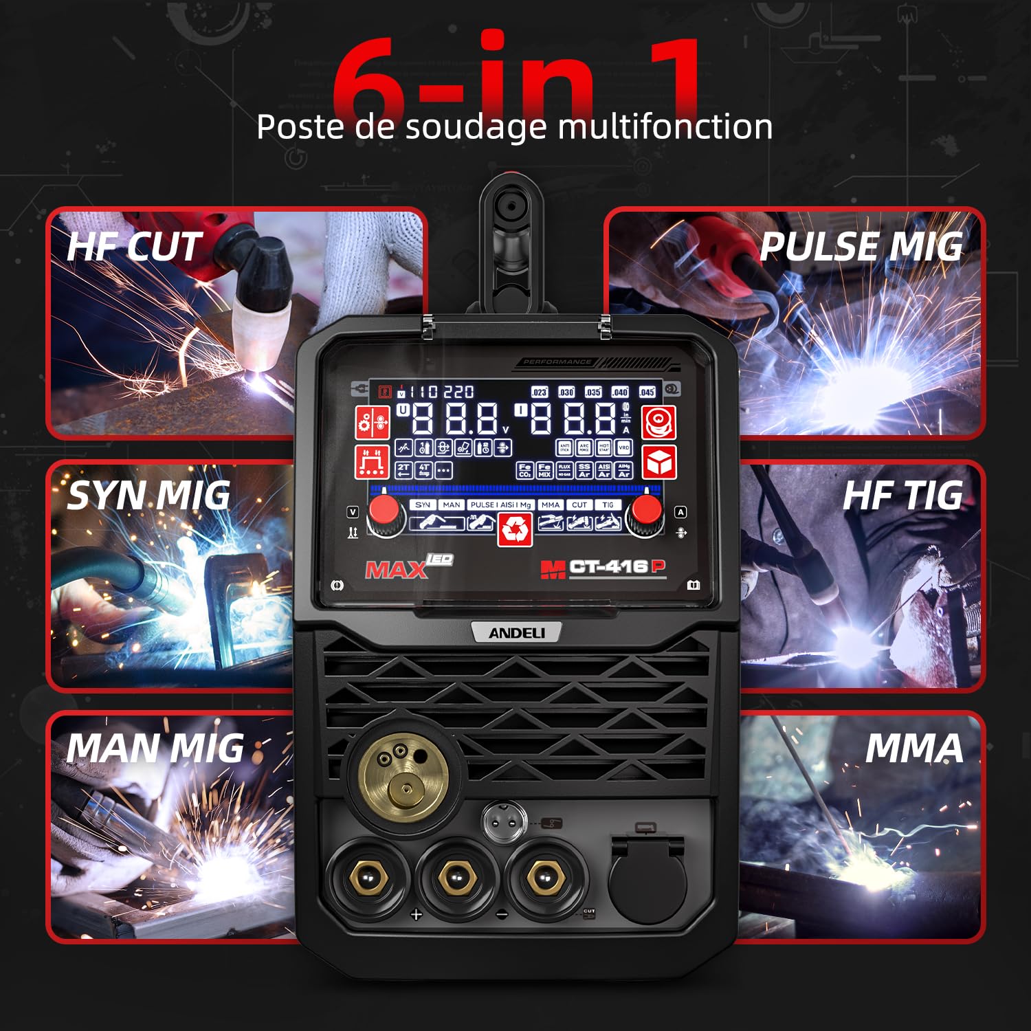 ANDELI Poste à souder 6 en 1 230V – MIG Pulse/TIG HF/Plasma/MMA – 160A aluminium – 40A découpe,ANDELI Digital Auto-Darkening Casque de soudage