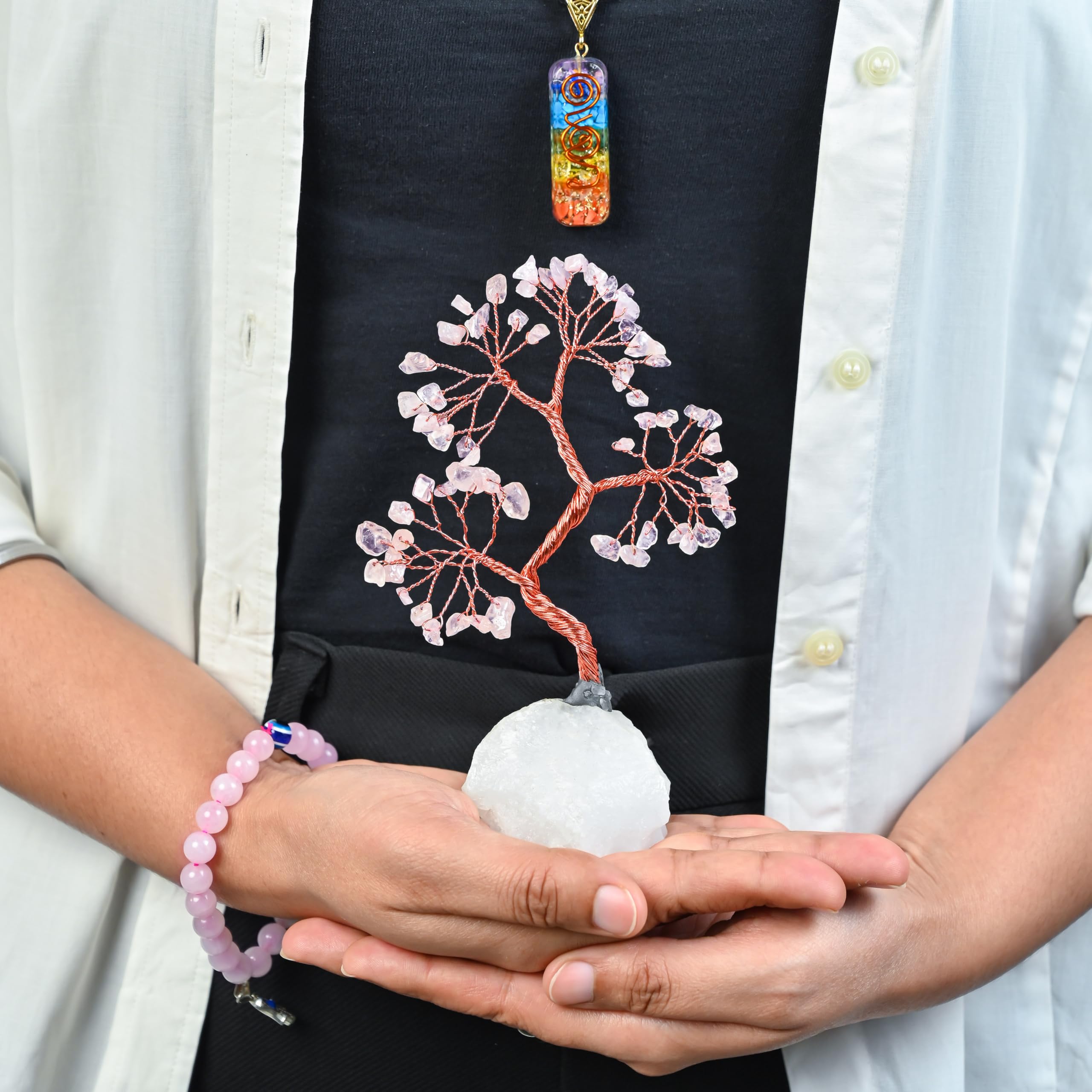 Crocon House Warming Gifts & Vastu Items – Rose Quartz Tree with Quartz Base, Rose Quartz Bracelet & Seven Chakra Pendant – Crystal Healing Gifts for Women, Bedroom Decor, Wedding Gift for Couples 1