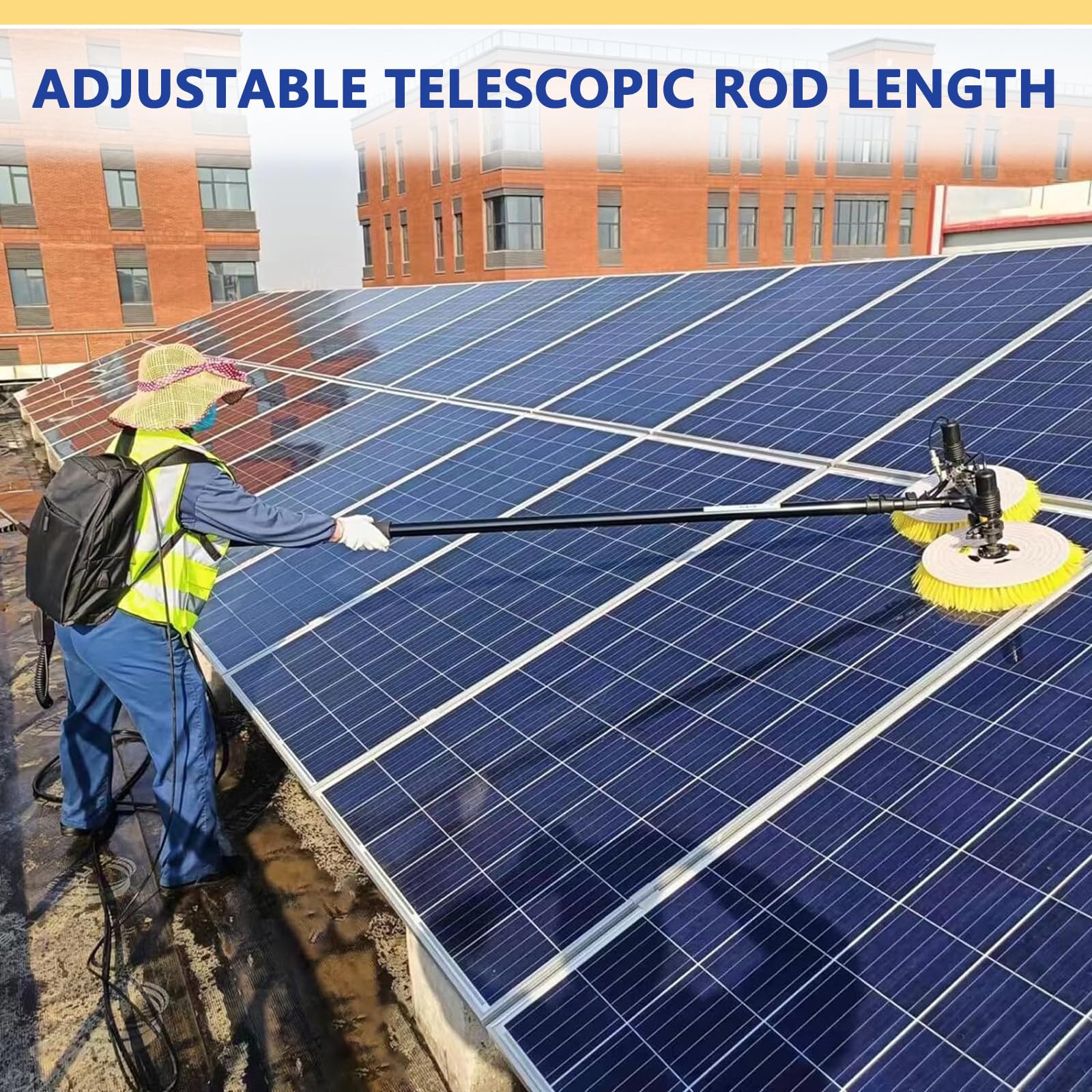 Kit de Limpieza de Paneles Solares EléCtricos con PéRtiga Alimentada Por Agua, 2 Cepillos Redondos, y Cable de 7,5 M, Cepillo para Equipos de Limpieza de Paneles Fotovoltaicos ,7.5m-Plug-intype
