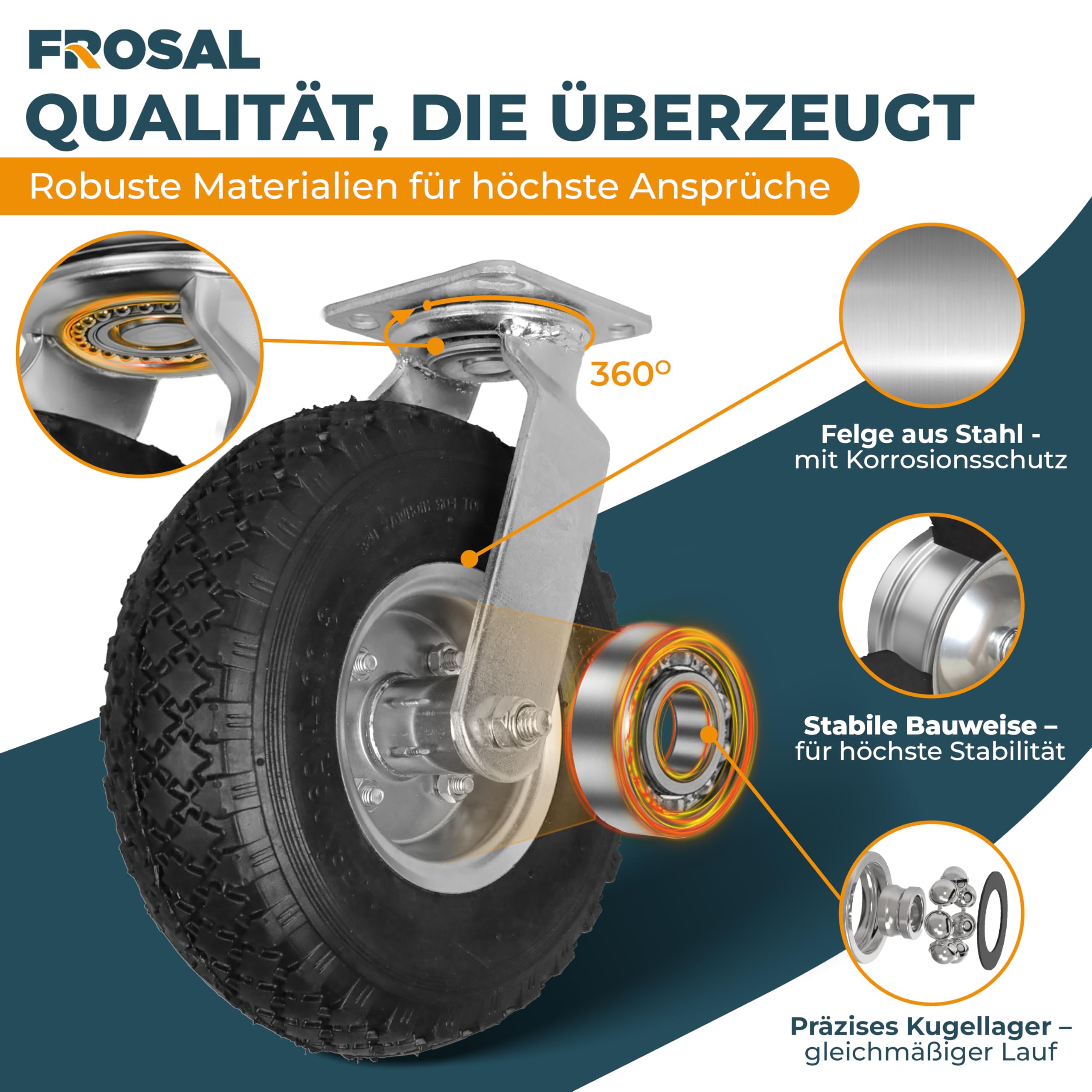FROSAL Lenk- und Bockrollen Set – 2 Lenkrollen + 2 Bockrollen – Luftreifen 260 mm 3.00-4 Ø ca. 260×85 mm – Stahlfelge silber Ø120 mm – Grundplatte 114,5×99,5 mm – Tragkraft 120 kg – für Bollerwagen