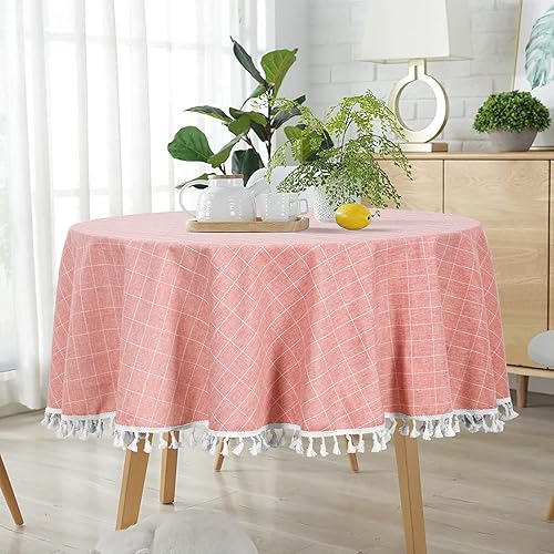 ShinyBeauty Mantel redondo  Mantel de lino de algodón  sin arrugas  a prueba de polvo  Buffalo Check  Lino de mesa de vacaciones  55 pulgadas  Borla