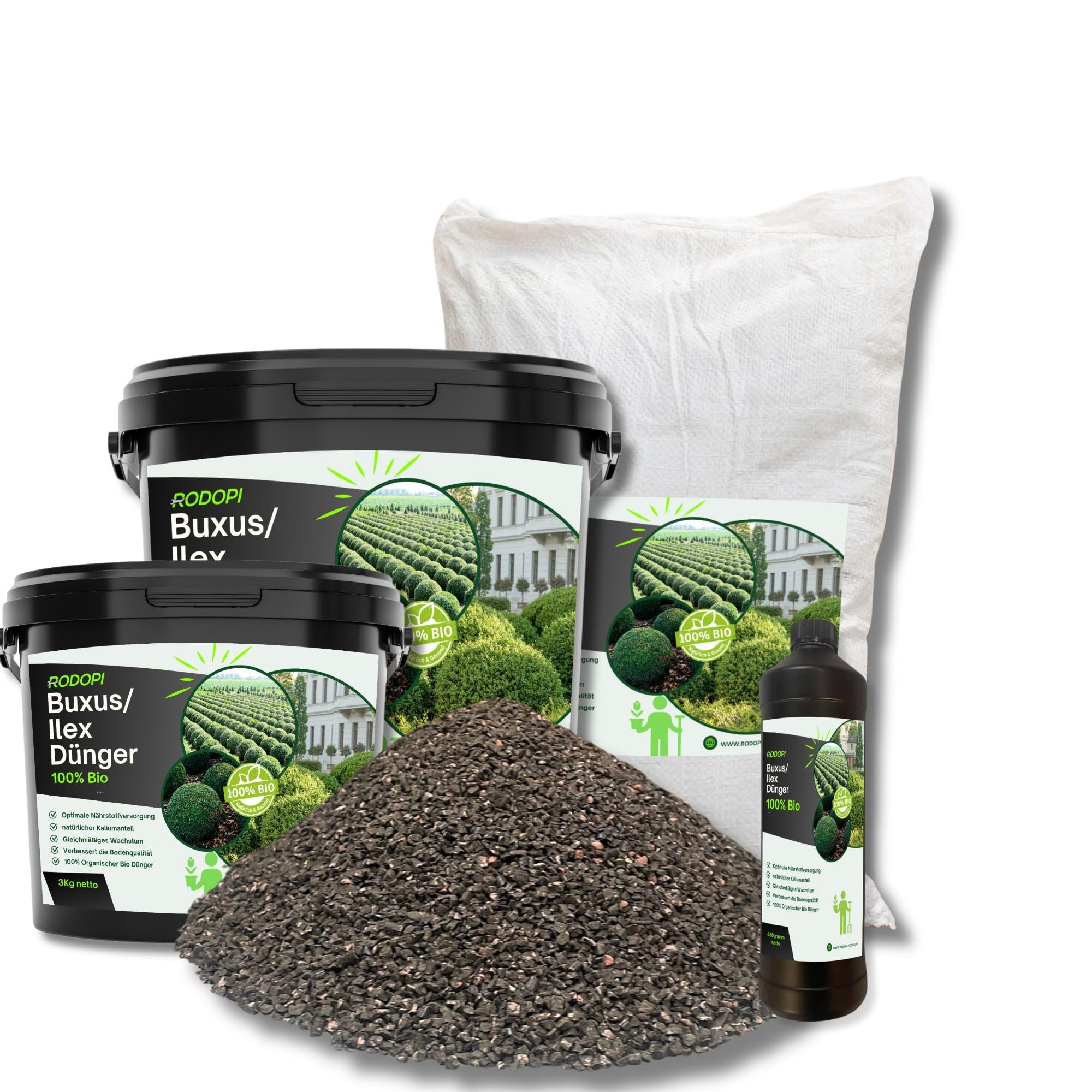 Rodopi Bio-Buxusdünger & Ilexdünger Granulat – 3 Monate Langzeitwirkung – 100% pflanzlich & vegan – Organischer NPK-Dünger 7-3-8 mit Magnesium 20kg