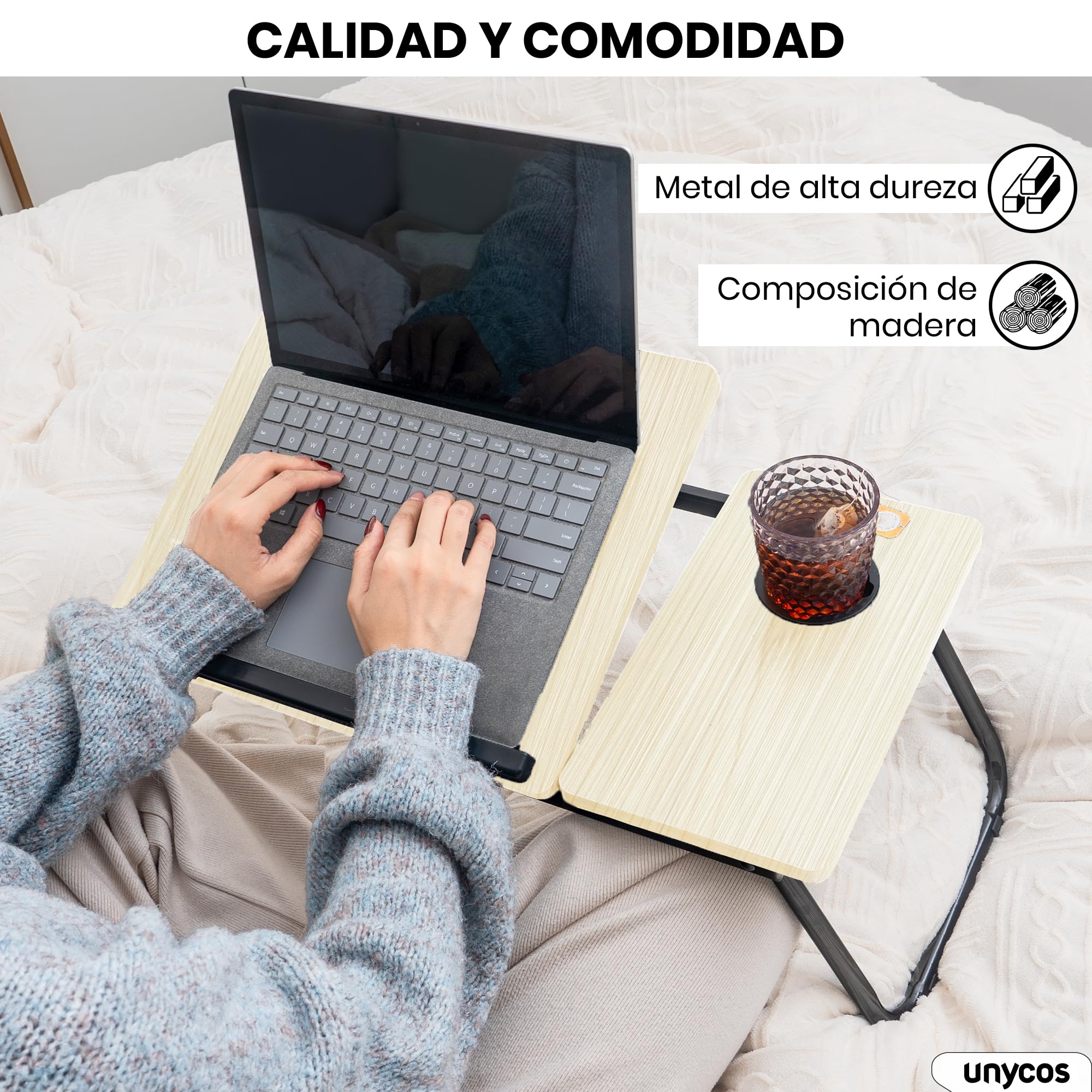 unycos - Bandeja para Cama y Sofá Reclinable, Mesa Plegable de Desayuno con Portavasos para Ordenador Portátil y Libros, Mesita Auxiliar en MDF/Acero/Plástico 56x33x23cm | 22,04" x12,99 x9,05 (Arce)