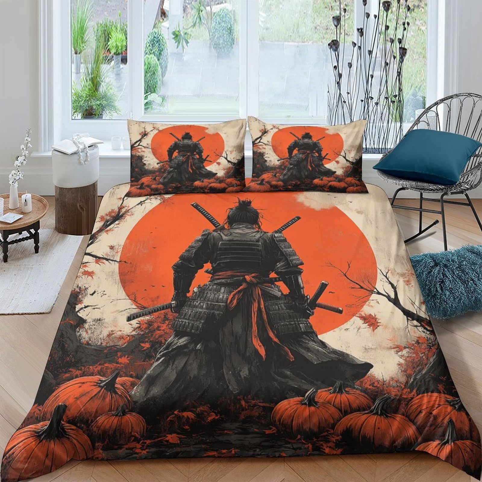 Ctjqhvkz Style-8 3D Printed Samurai Warrior Fitted Sheet Microfiber Orange Sun Bed Cover Anti-Slip Machine Washable Decor For Bedroom Dorm Single（135X200cm）
