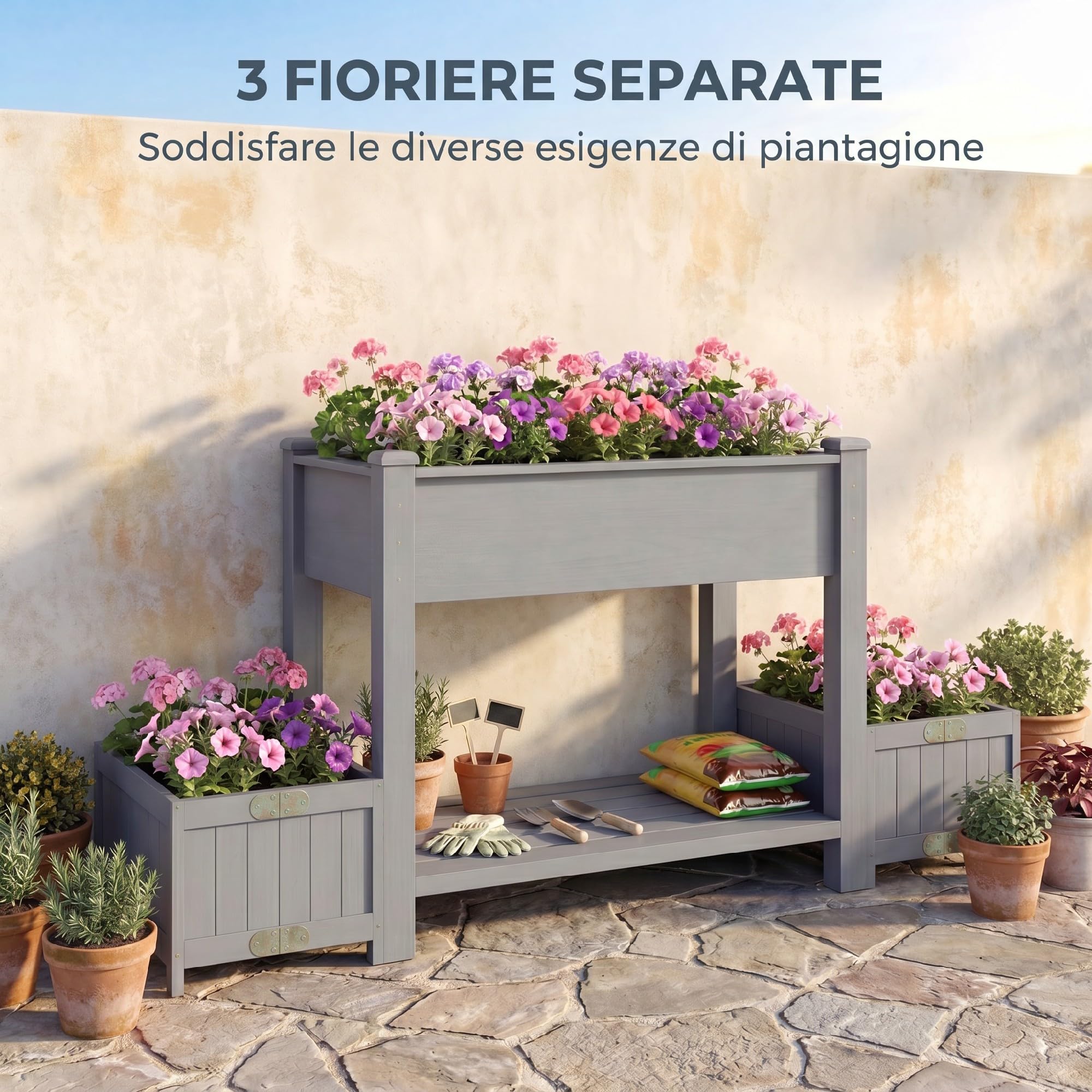 Outsunny Letto per Orto Rialzato in Abete con Ripiano e 2 Vasi Laterali Pieghevoli, Fioriera Rialzata da Esterno con Fori di Drenaggio per Verdure Fiori, 149x46x76cm, Grigio