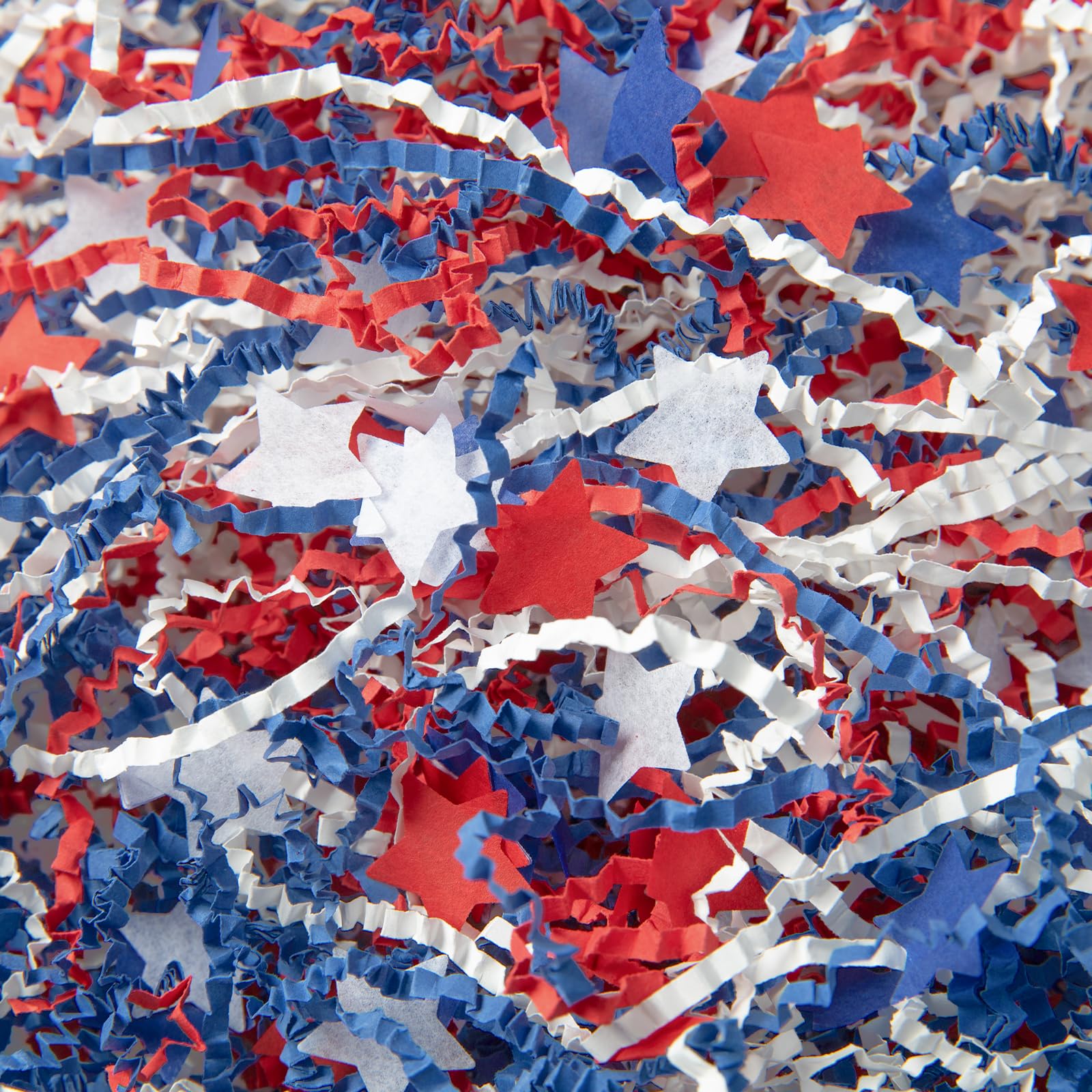 CIPOWM 16oz Patriotic Crinkle Cut Paper Shred, 3 Colors Red White Blue 4th of July Raffia Paper Shred Filler with Star Confetti Shredded Paper Grass