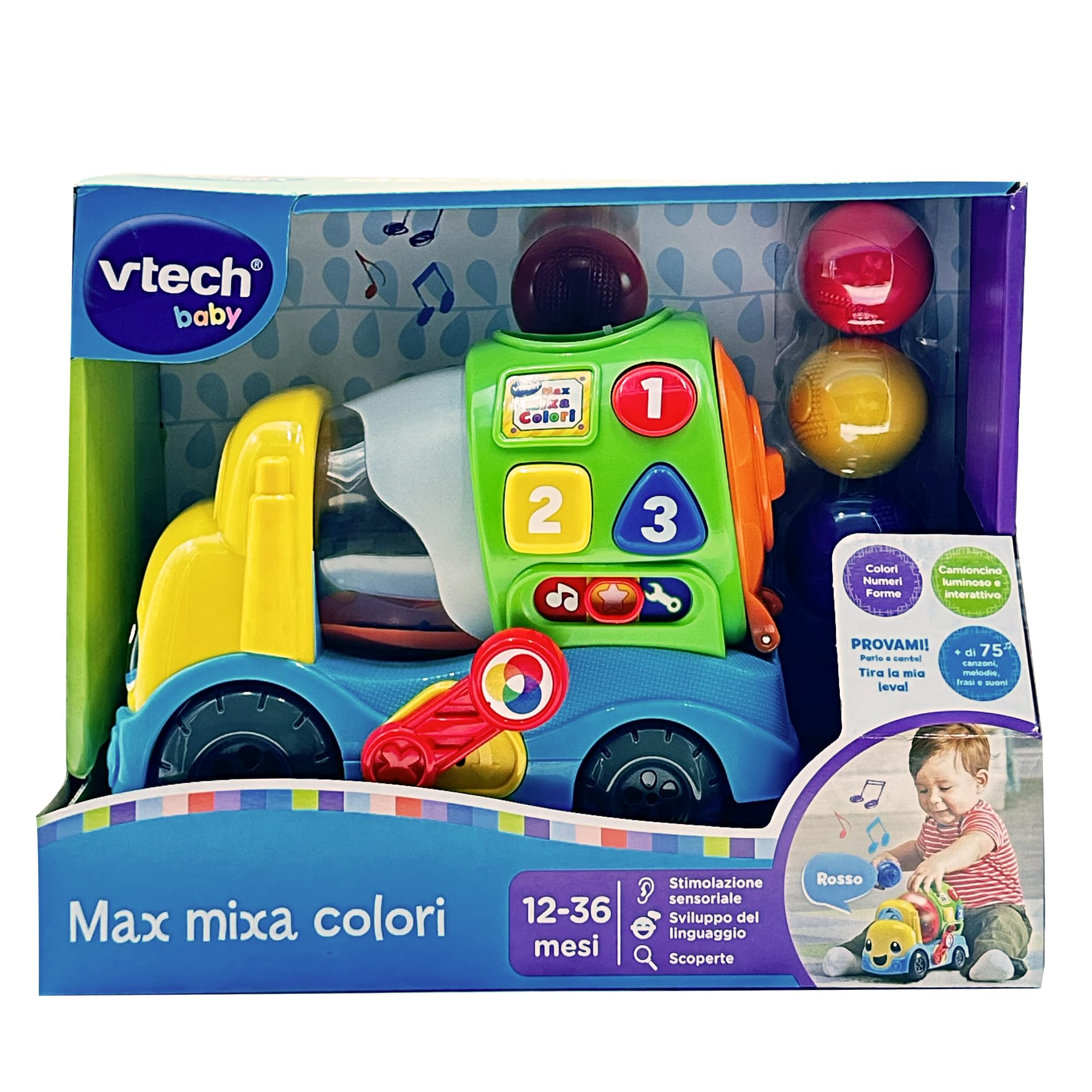 VTech Max Mixa Colori, gadająca ciężarówka, 5 melodii, rozpoznawanie i mieszanie kolorów, 3 tryby gry, regulacja głośności, automatyczne wyłączanie, język włoski, baterie w zestawie, 12-36 miesięcy
