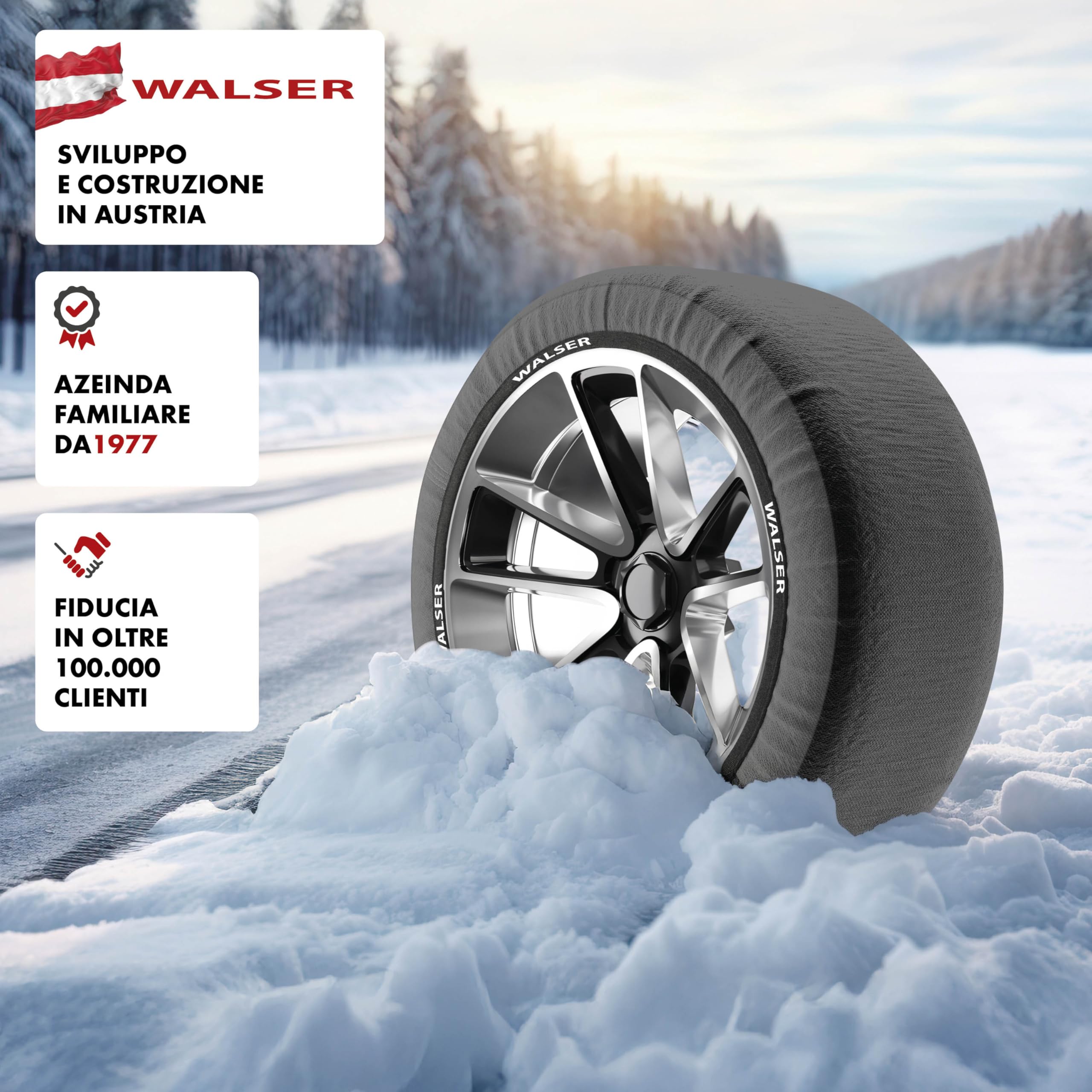 WALSER Premium Calze da Neve Omologate Italia EN 16662-1, Set di 2 Catene Invernali per Auto Grigio/Nero, Snow Sock R13-R22 XL
