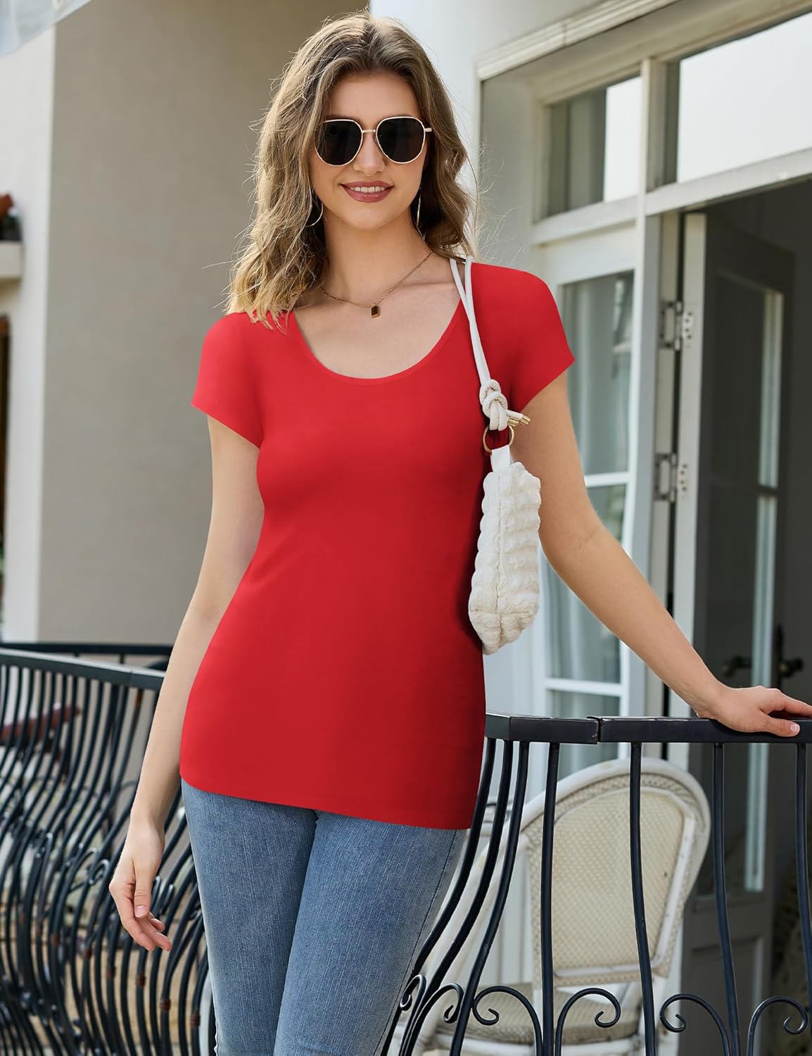 Amoretu Women's Scoop Neck Short/Long Sleeve Tees Cotton T Shirts Blouses Tops - Image 5