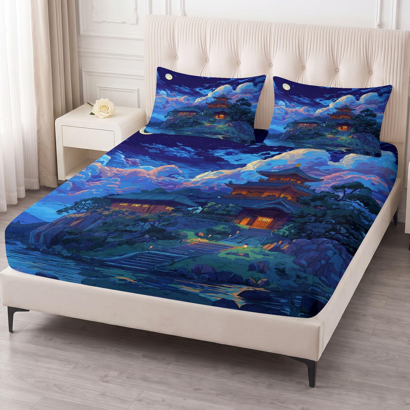 Sábana bajera ajustable de microfibra suave estilo japonés anime 180 x 200 cm, para niños y adolescentes, resistente a la decoloración, con bolsillo profundo de 30 cm, color azul