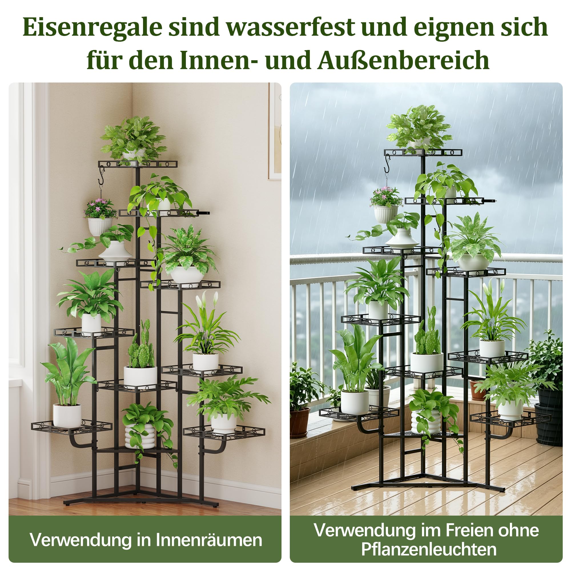 Quikraen 9 Ebenen Blumenständer, Pflanzenständer, 150cm, Metall, Schwarz | L-förmiges Design Pflanzenregal, Outdoor & Indoor Blumenregal, Blumentreppe für Wohnzimmer, Garten, Balkon, Rostbeständigen