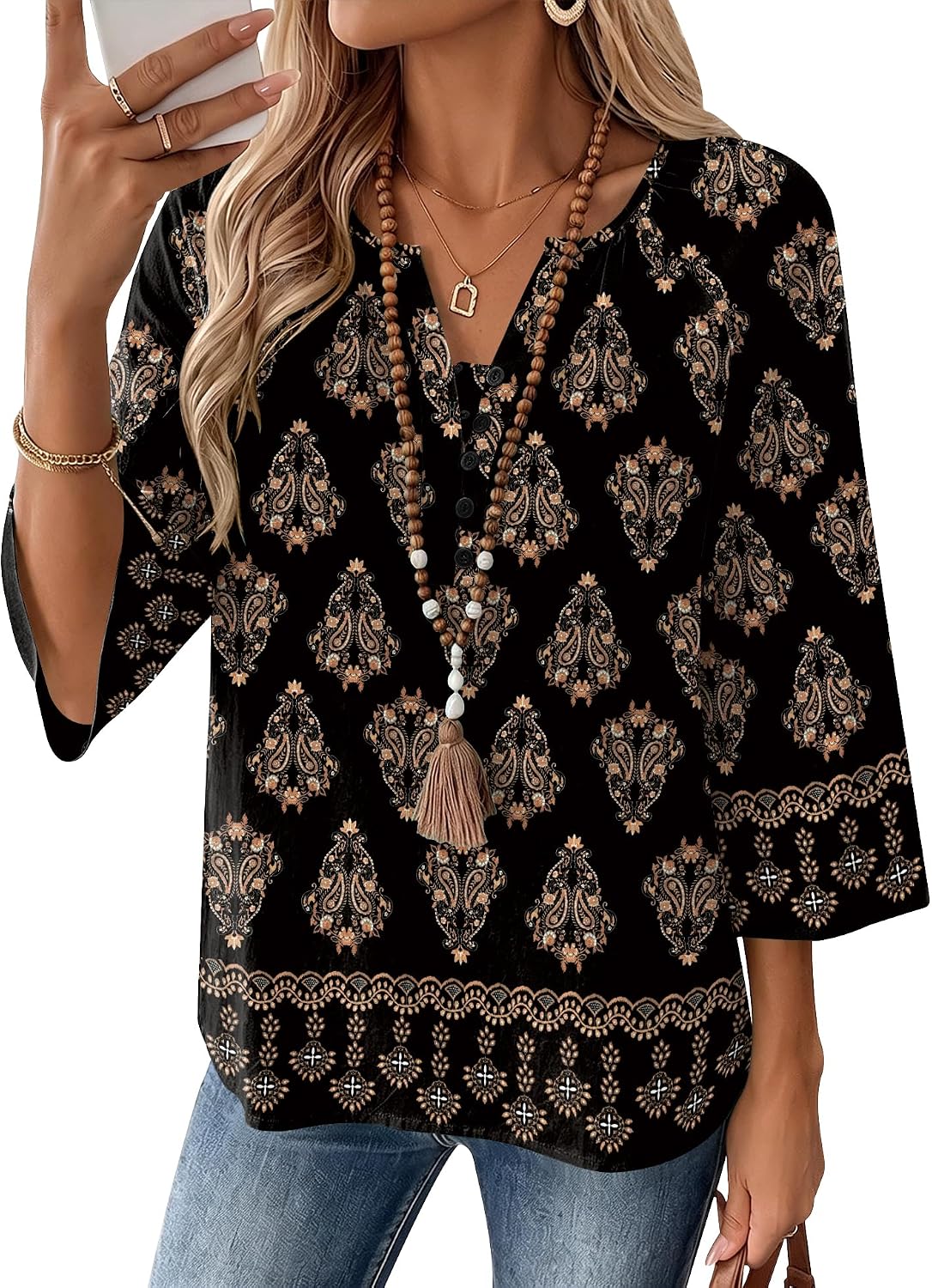 AKEWEI Womens 3/4 Sleeve Tops Linen Blouse V Neck Button Down Shirts for Women Dressy Casual 2026