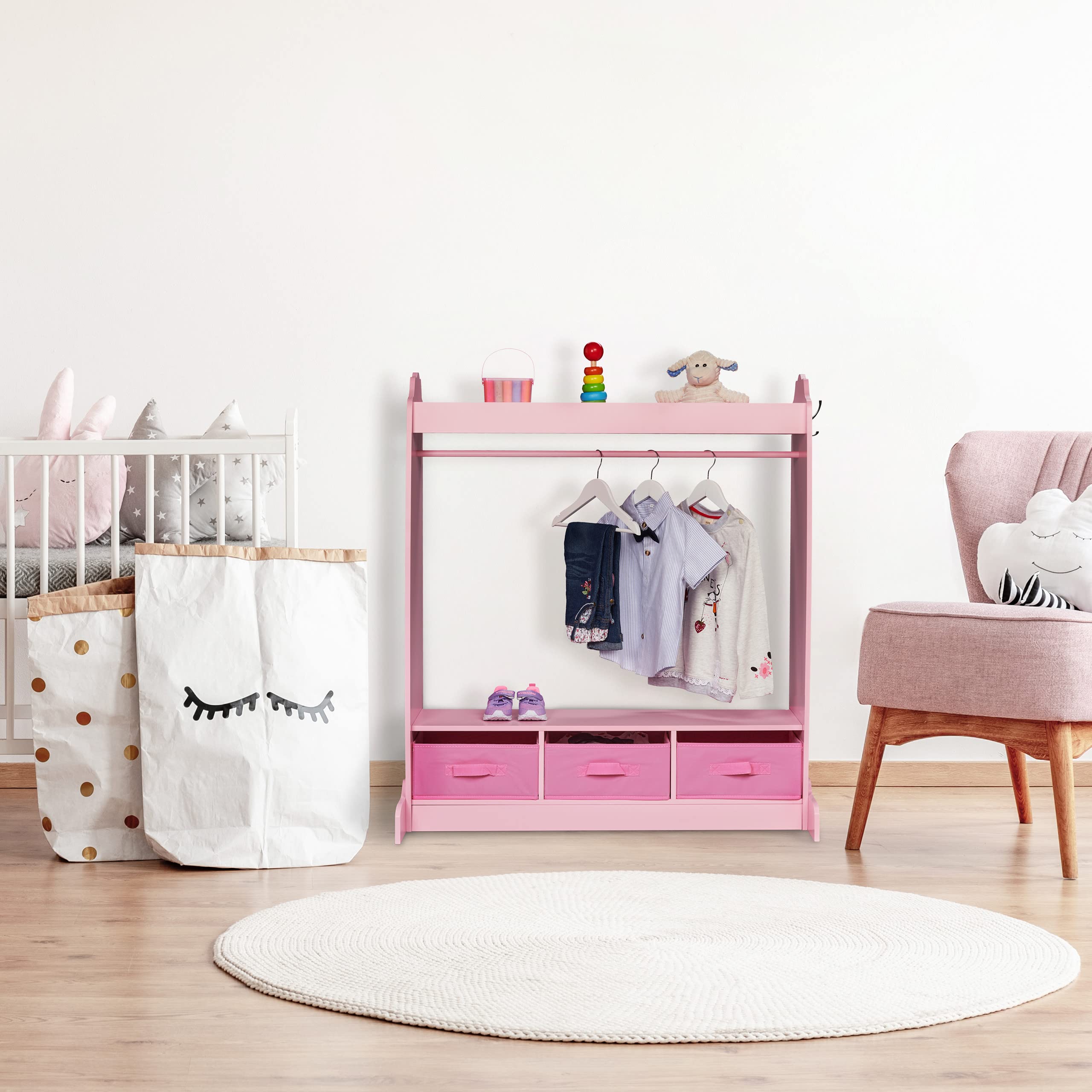 Relaxdays Perchero Infantil, 5 Compartimentos, Colgador de Ropa Niñas, con Gancho y Espejo, 107 x 97,5 x 61 cm, Rosa