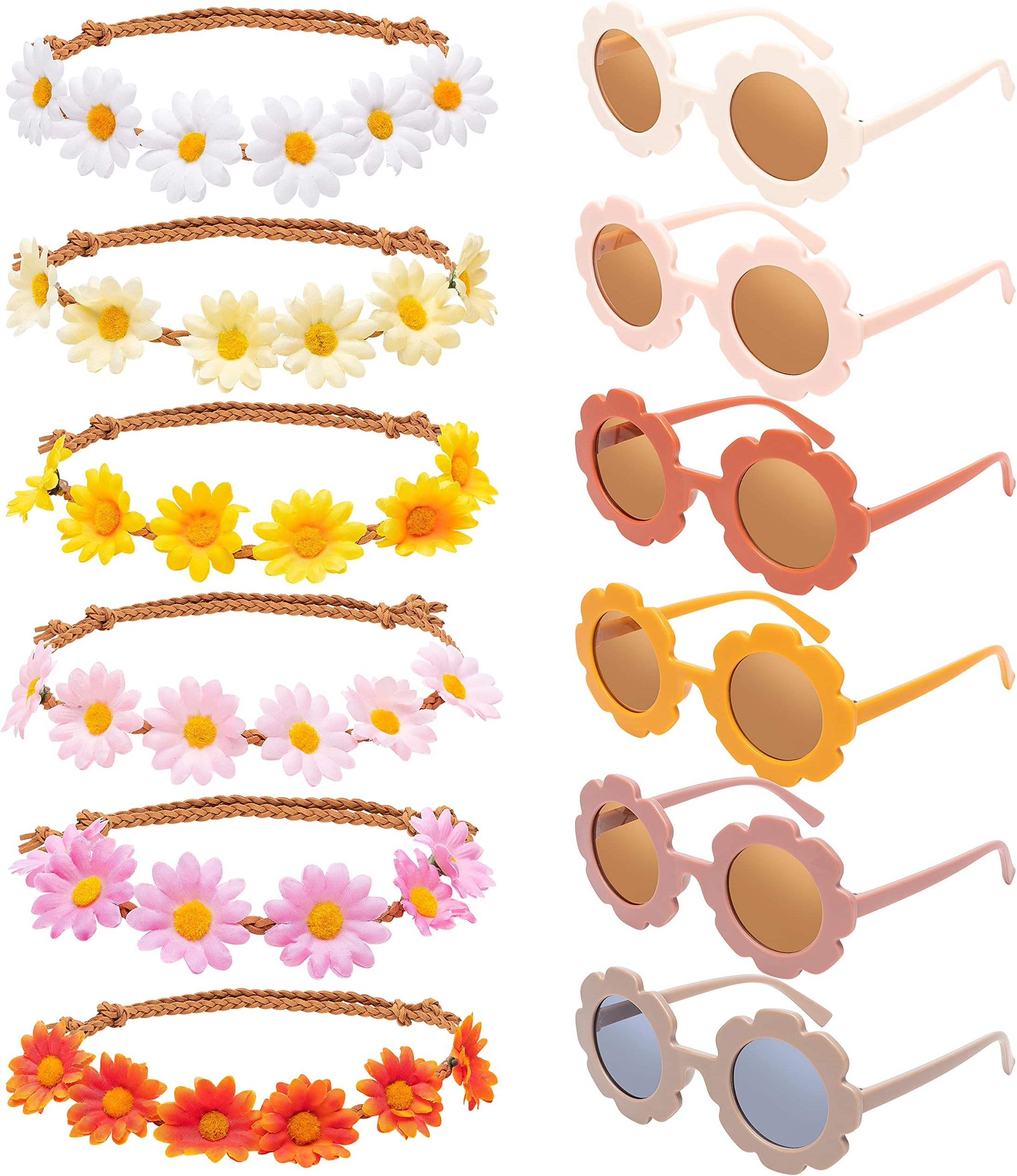 A1diee 12Pcs Groovy Retro Sunglasses Headbands Party Favors Boho Hippie Round Flower Polarized Eyewear Multicolor Daisy Flower Crown Costume Accessories Set 60s Festival Party Gifts for Kids