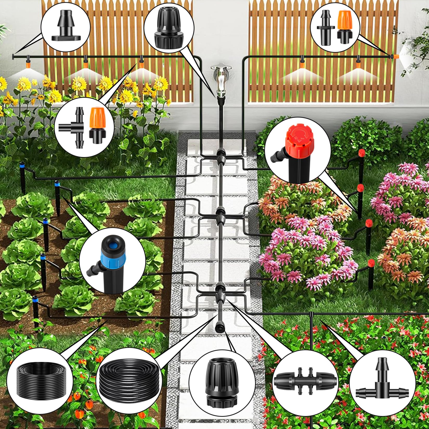 Kit de sistema de riego por goteo de 250 pies, kit de riego automático por goteo con manguera de 1/2 pulgada, tubo de distribución de 1/4 pulgadas y accesorios para invernadero, patio, césped