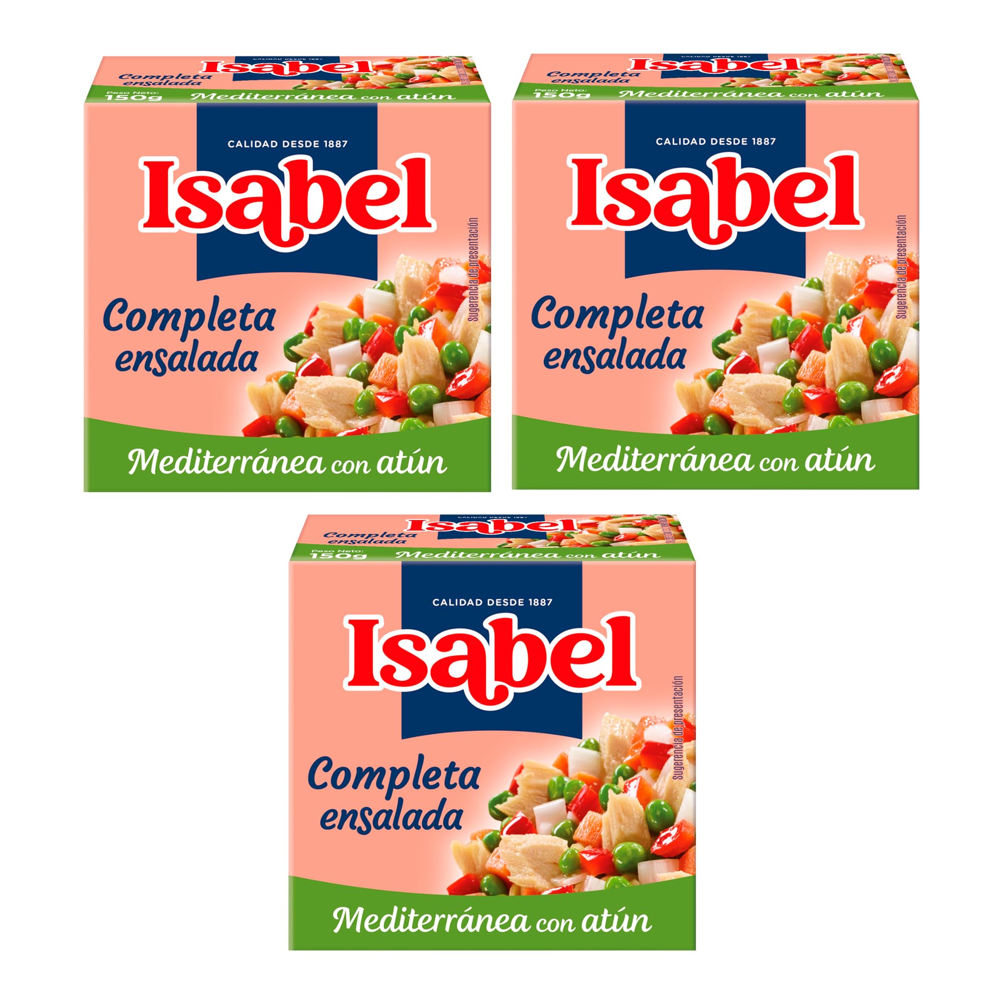 Isabel Ensalada completa mediterranea con atún, 1 pack de 3 latas de 150gr