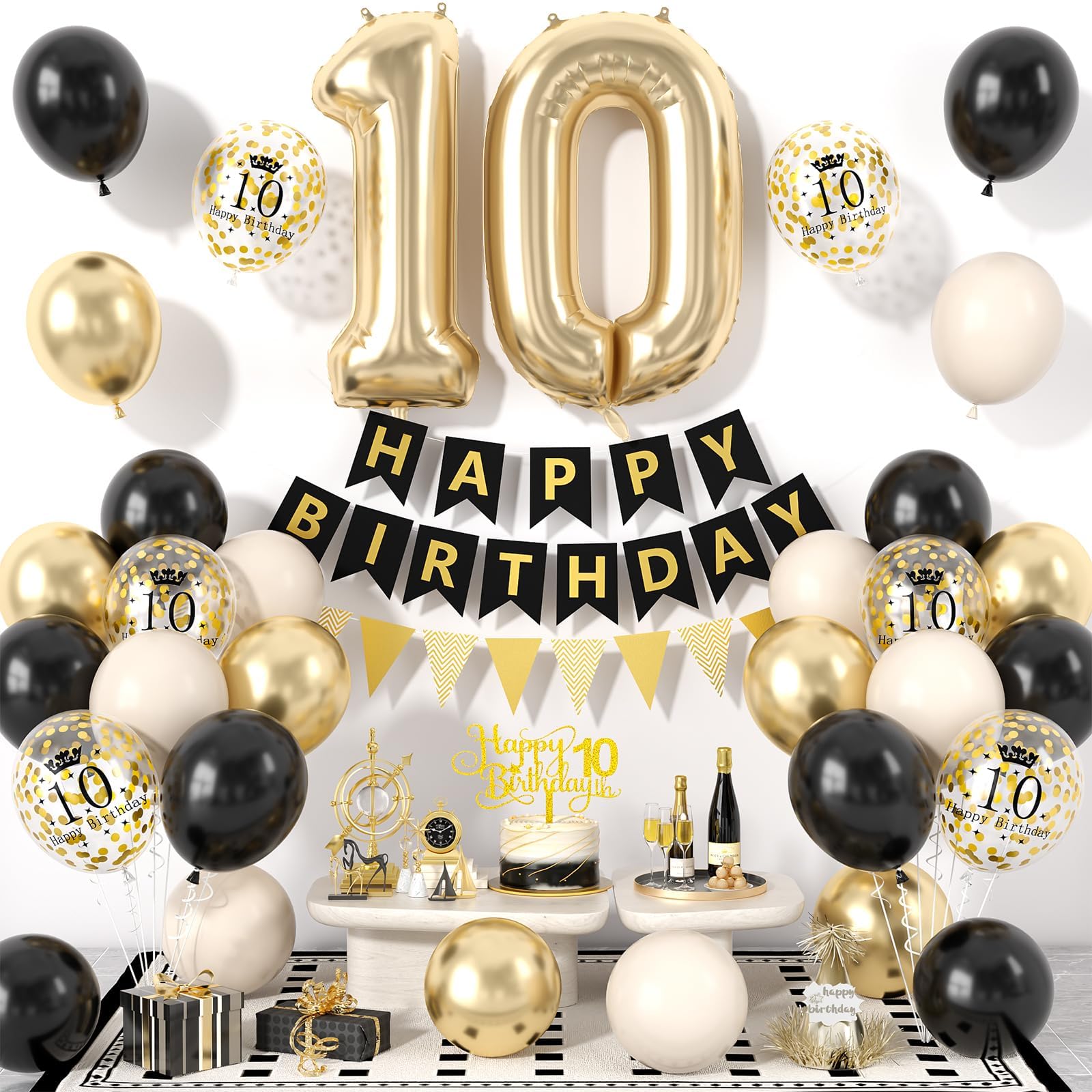 10th Birthday Decorations Black Gold for Boys,Happy Birthday Banner with Cake Toppers,Confetti Balloons,Number 10 Balloons for 10 Years Old Party