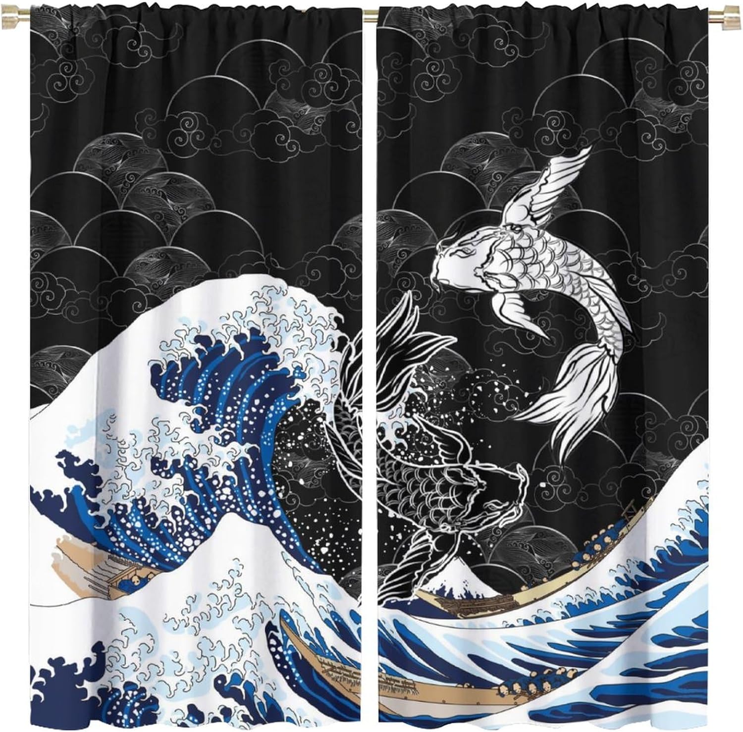 Japanese Wave Curtains Fantasy Anime Koi Fish Black Sun Moon Rod Pocket Blackout Window Drapes for Living Room Bedroom Kitchen Cafe Decor W21xL54in 2 Panels