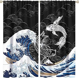 Japanese Wave Curtains Fantasy Anime Koi Fish Black Sun Moon Rod Pocket Blackout Window Drapes for Living Room Bedroom Kitchen Cafe Decor W21xL54in 2 Panels