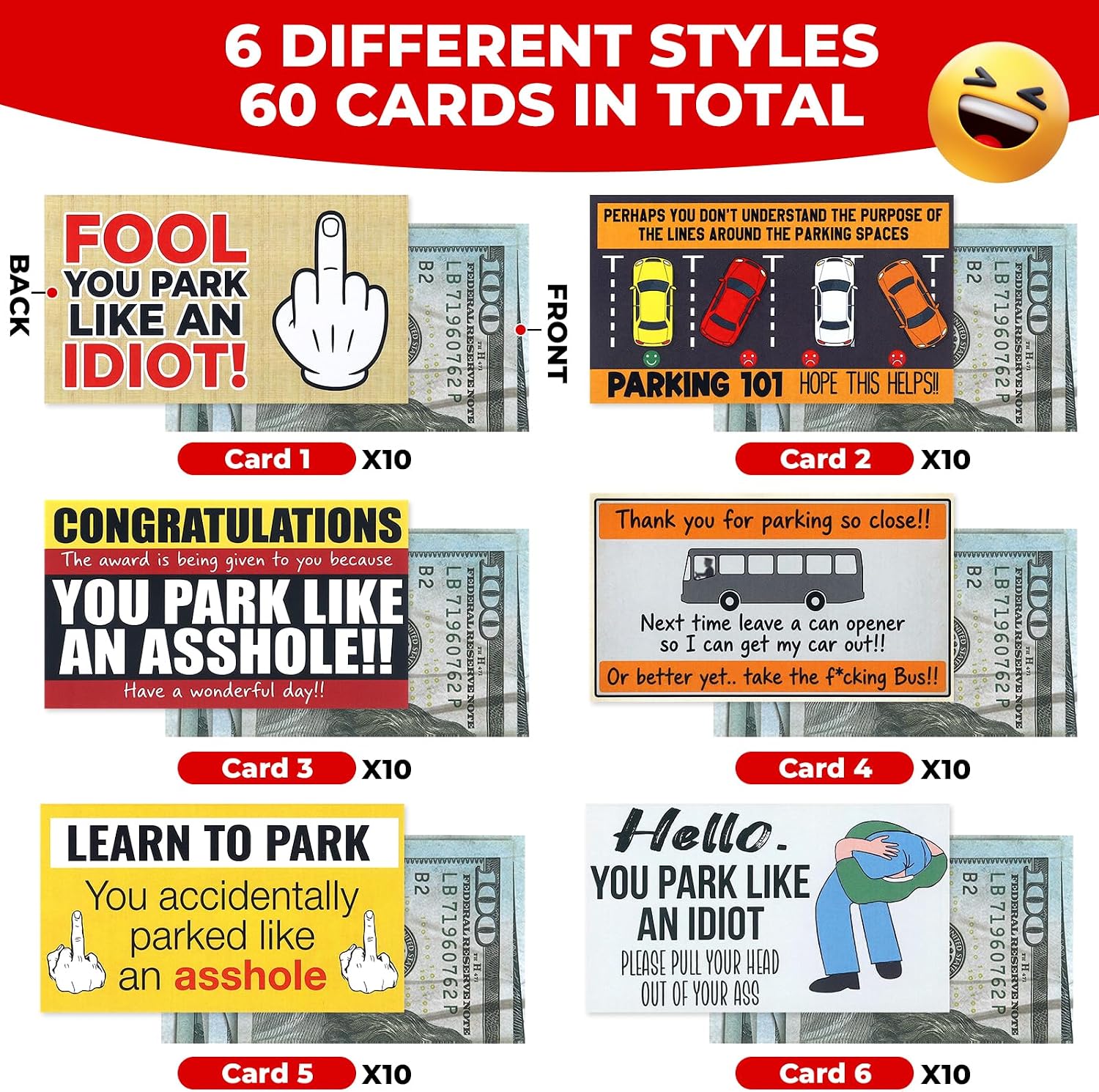 60pcs Bad Parking Cards Funny Prank Notes with 6 Designs for Bad Drivers Under Wiper Hilarious Prank Stuff That Looks Like Real Money from a Distance