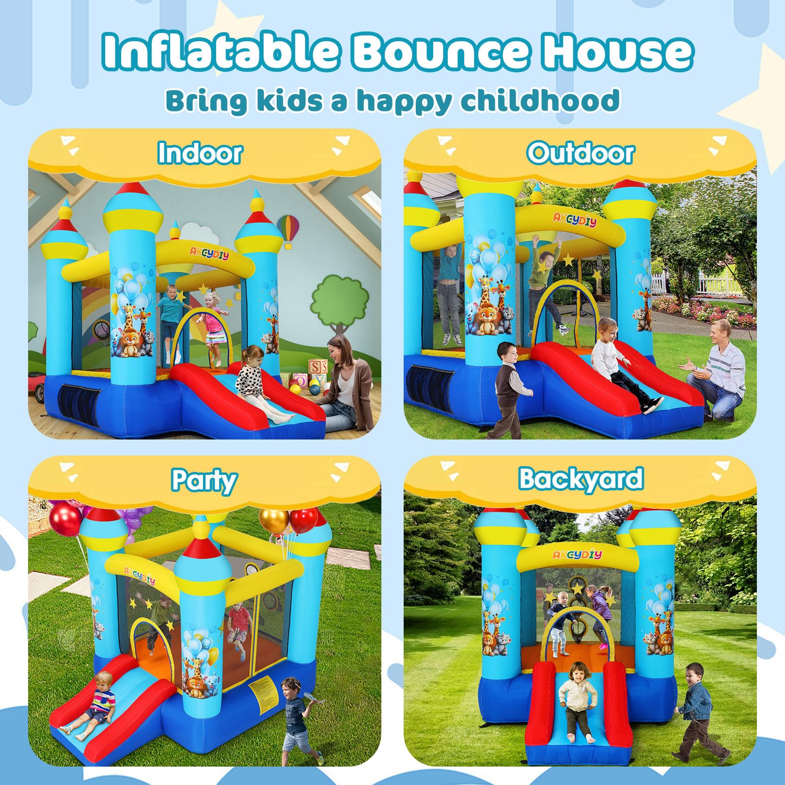 Château Gonflable pour Enfants avec Toboggan, Souffleur, Parc Zoologique Bleu, Château Gonflable pour Enfants avec Souffleur Et Tir De Balles, Maison Gonflable Intérieure/Extérieure (Bleu)
