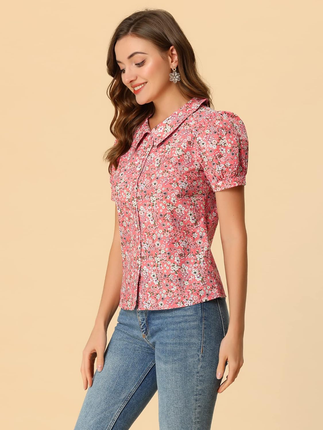 Allegra K Women's Summer Shirt Top Puff Short Sleeve Point Collar Button Down Floral Blouse - Image 4