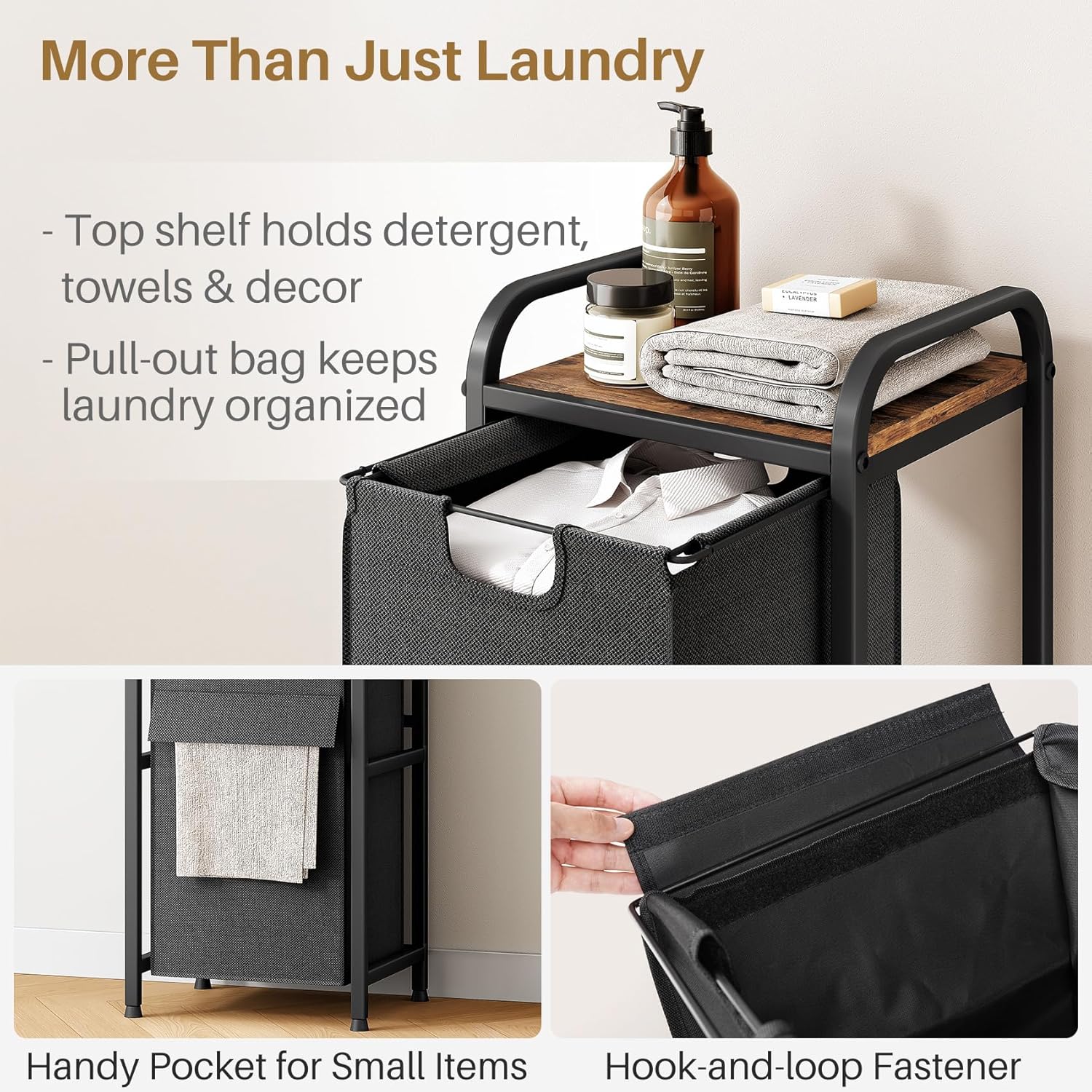 Kitstorack Laundry Hamper, Laundry Basket, Laundry Sorter with a Pull-Out and Removable Bag, Shelf, Metal Frame, 17 Gallons (62 L), Ink Black and Rustic Brown