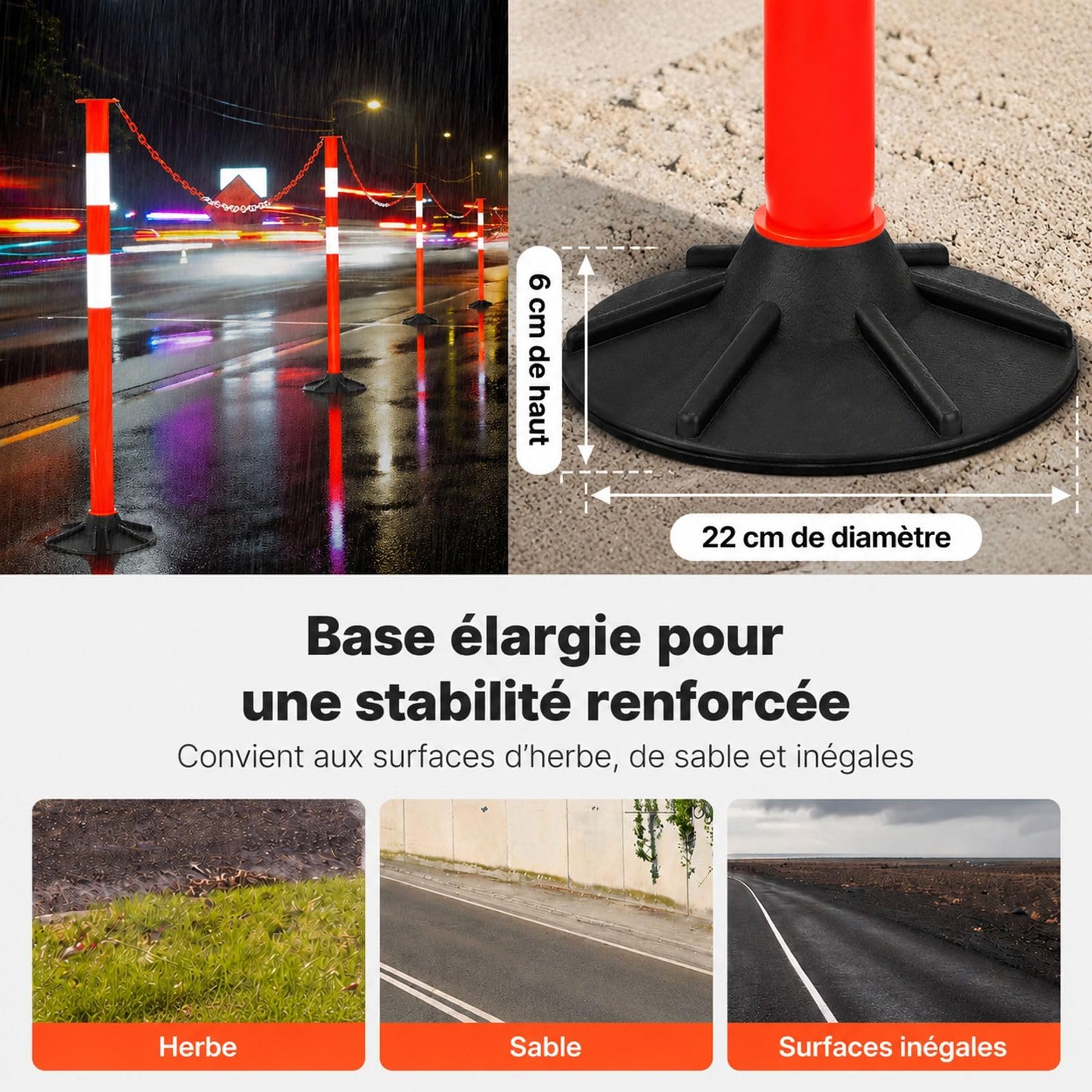 4 poteaux de signalisation Rouges avec Base lestée, Bandes réfléchissantes et chaîne, pour Chantier et Parking
