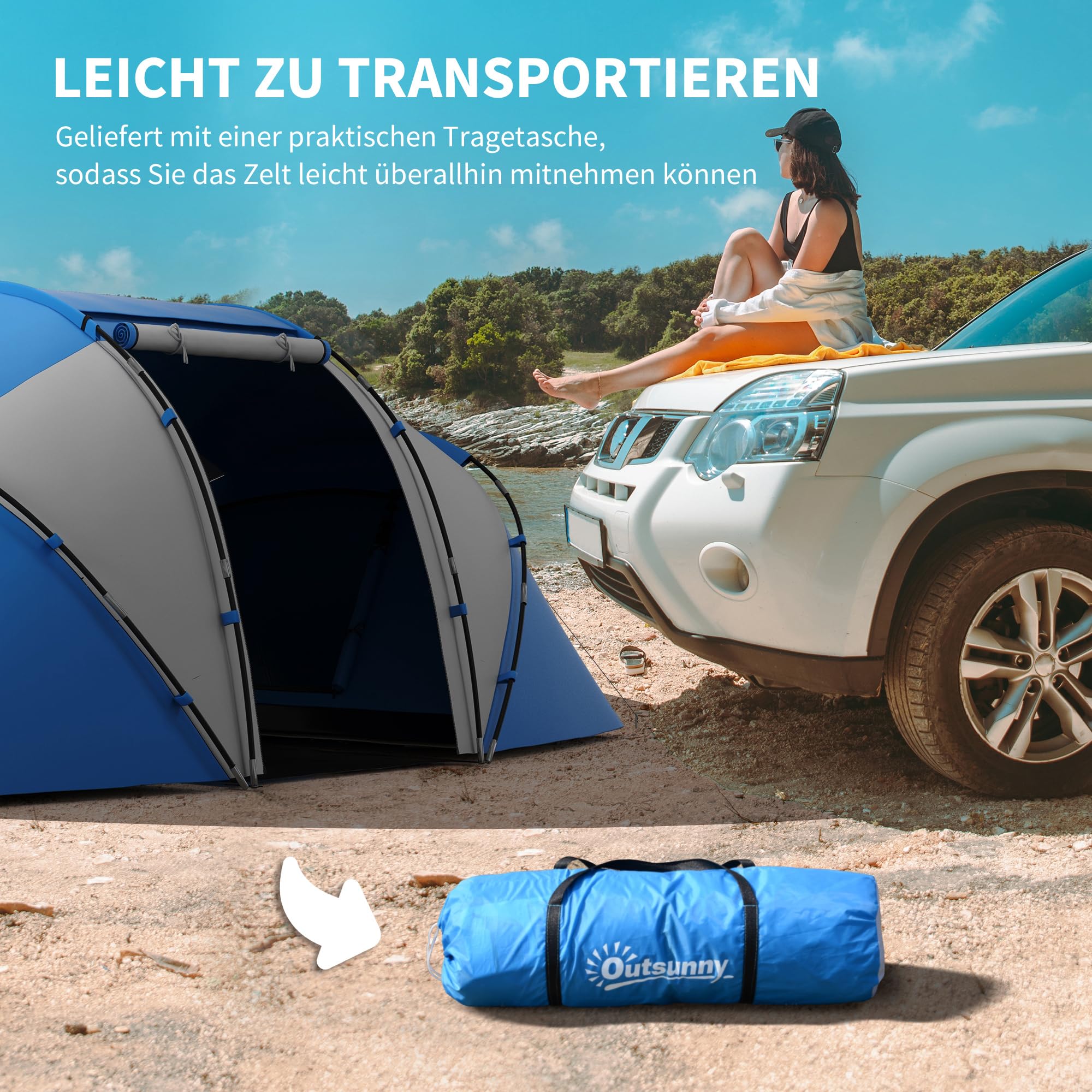 Outsunny Campingzelt für 4 Personen Groß Familienzelt mit Eingang Blau | Bodenplane, Zelt mit 2000mm Wassersäule, Tunnelzelt, Kuppelzelt, für Camping Reise Trekking Garten