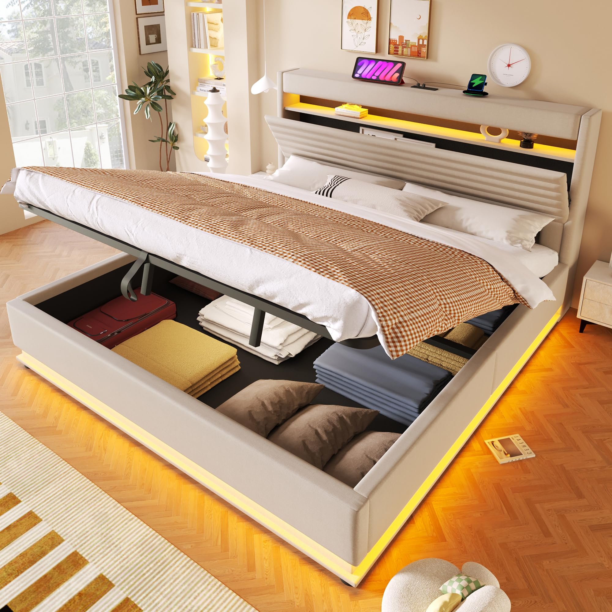 Cama 180x200 cm Camas Matrimoniales con Carga USB y LED, Cama Tapizada Matrimonio con Cabecero de Almacenamiento y Almacenaje Hidráulico, Camas Doble, Lamas Madera, Lino, Sin Colchón, Beige