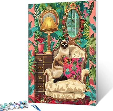 Tucocoo Siamese Cat On Vintage Chair Paint by Number Kitten Paint by Number Kit Beginner,Bohemia Painting on Unique Canvas for Home Wall Decor 16W x 20H Without Framed