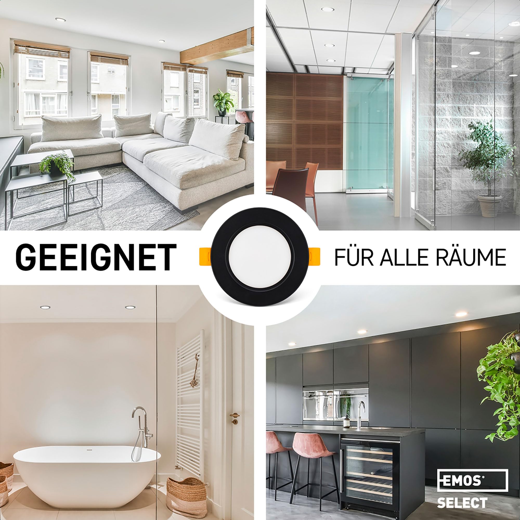 Emos Exclusive Einbaustrahler LED Spots 230V, 5W, 500lm, 3000K warmweiß | Set mit 12 Downlight LED Spots Badezimmer etc., wasserdicht IP54 | LED Einbaustrahler 230V, rund Ø 95mm, ultra flach, schwarz