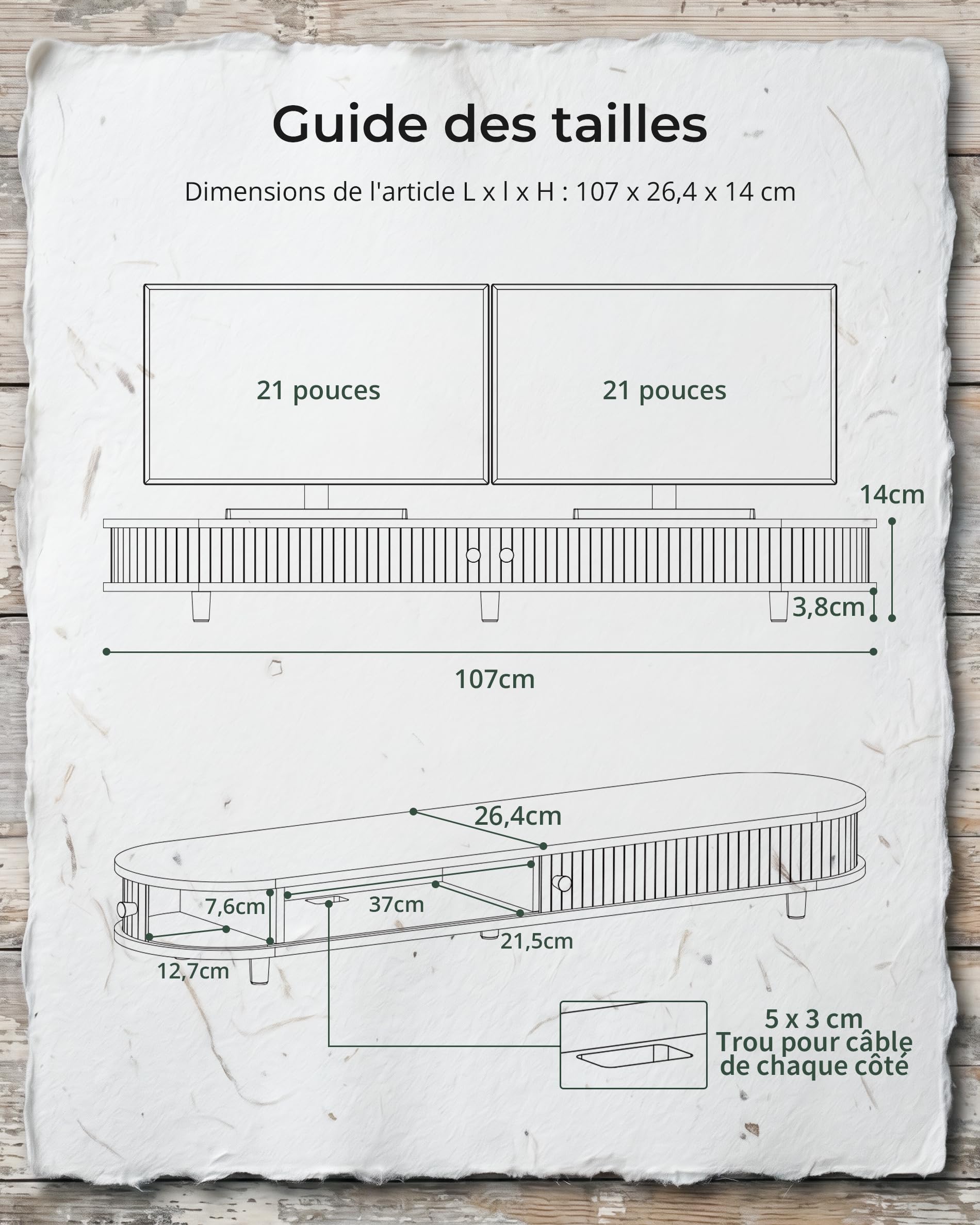 WELL WENG Support écran bambou incurvé avec rangement portes coulissantes 107cm