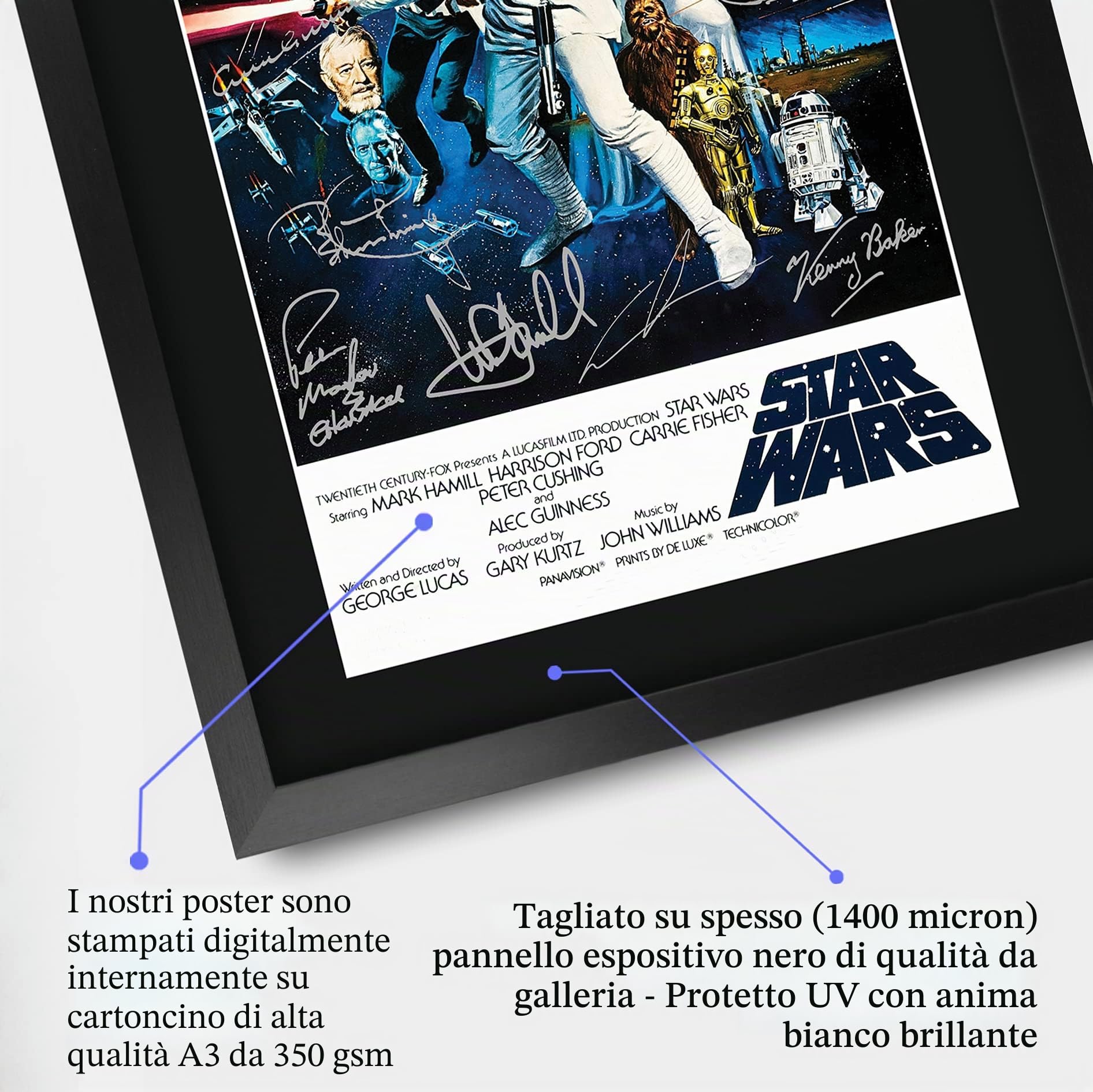 HWC Trading, incorniciato, tema Guerre stellari, Poster della collezione cinematografica con firme del cast, in formato A3, stampa con autografi, per regalo, stampa fotografica, Una nuova speranza