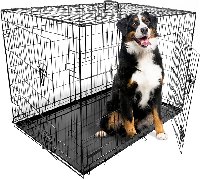 Dog Crate, Dog Cage, Foldable Puppy Crate, Non-Chew Metal Removable Tray, Folding 2 Door Crate, Extra Large Size 42-inch (106cm) Black