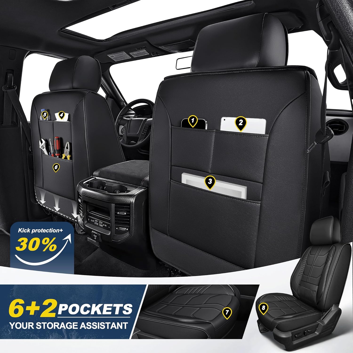 Car Seat Covers Fit for Dodge Ram 2002-2026 1500 2500 3500 Front Set Big Horn Laramie Tradesman Waterproof Faux Leather Seat Protectors Fit for Dodge Ram Crew Cab&Quad Cab(2 Seats,Black)