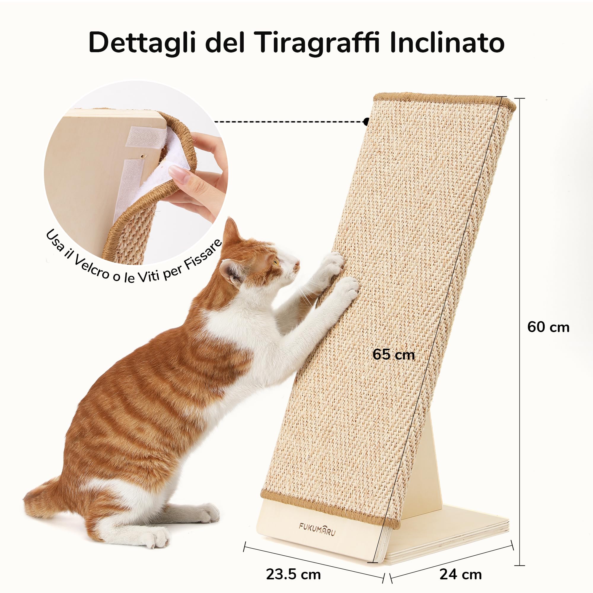 FUKUMARU Tappetino Tiragraffi per Gatti, 60cm Tiragraffi Inclinato in Sisal con Base in Legno a Forma di L, Tappetino Tiragraffi Sostituibile, Protettore per Mobili da Graffio per Divano e Mobili.