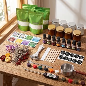 Blingfun Complete Candle Making Kit - DIY Soy Wax Candle Making Supplies for Adults Beginners, with Soy Wax, Candle Tins, Melting Pot, Essential Oils, Thermometer, Wicks & Stickers(2LB+Glass jar)