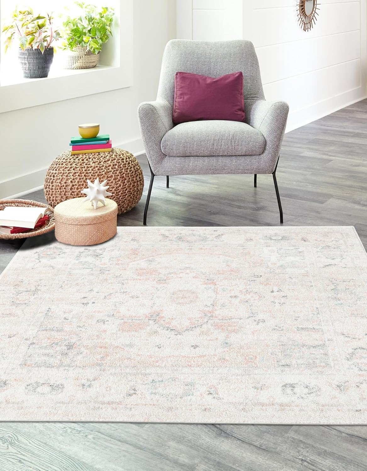 Rugs.com Madeline Vintage Collection Rug – 7 Ft Square Ivory Low-Pile Rug Perfect for Living Rooms, Kitchens, Entryways