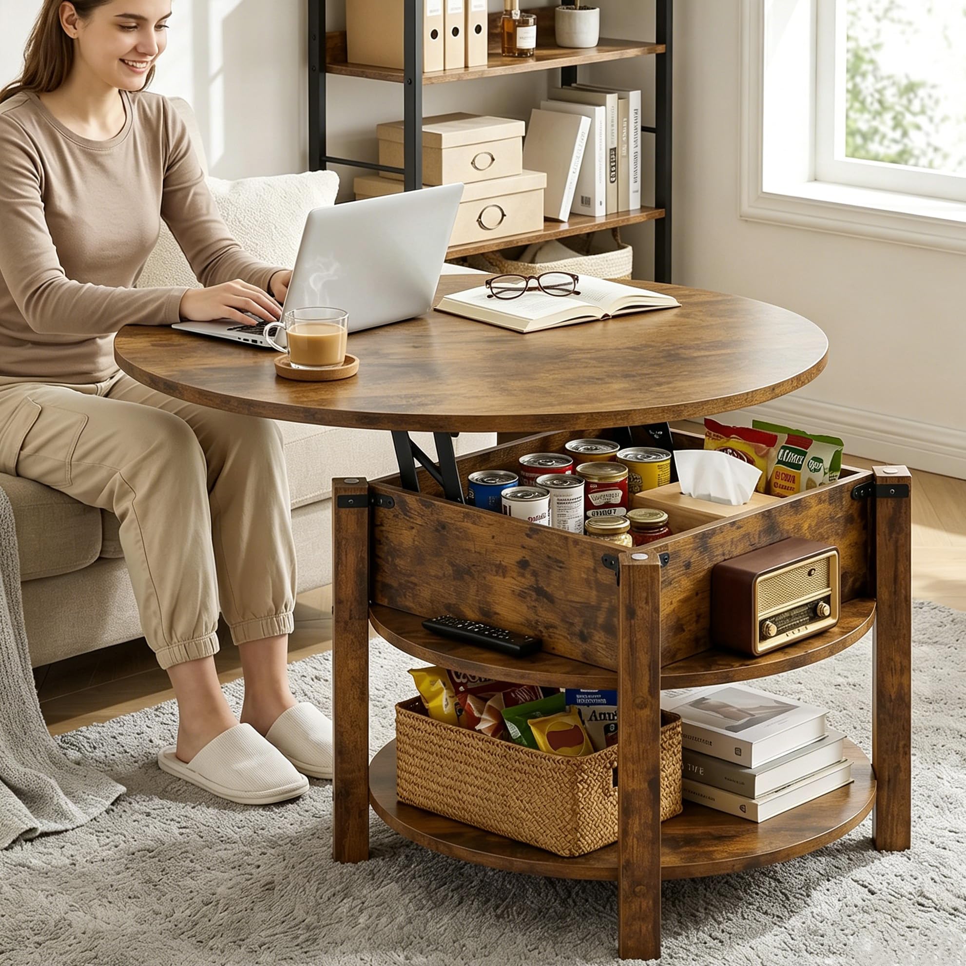 ELUCHANG Table Basse avec Rangement Caché RondeTable Basse Plateau Relevable 2 en 1 pour Salon et Bureau, Forte Charge Portante, 80x80cm, Marron Rustique