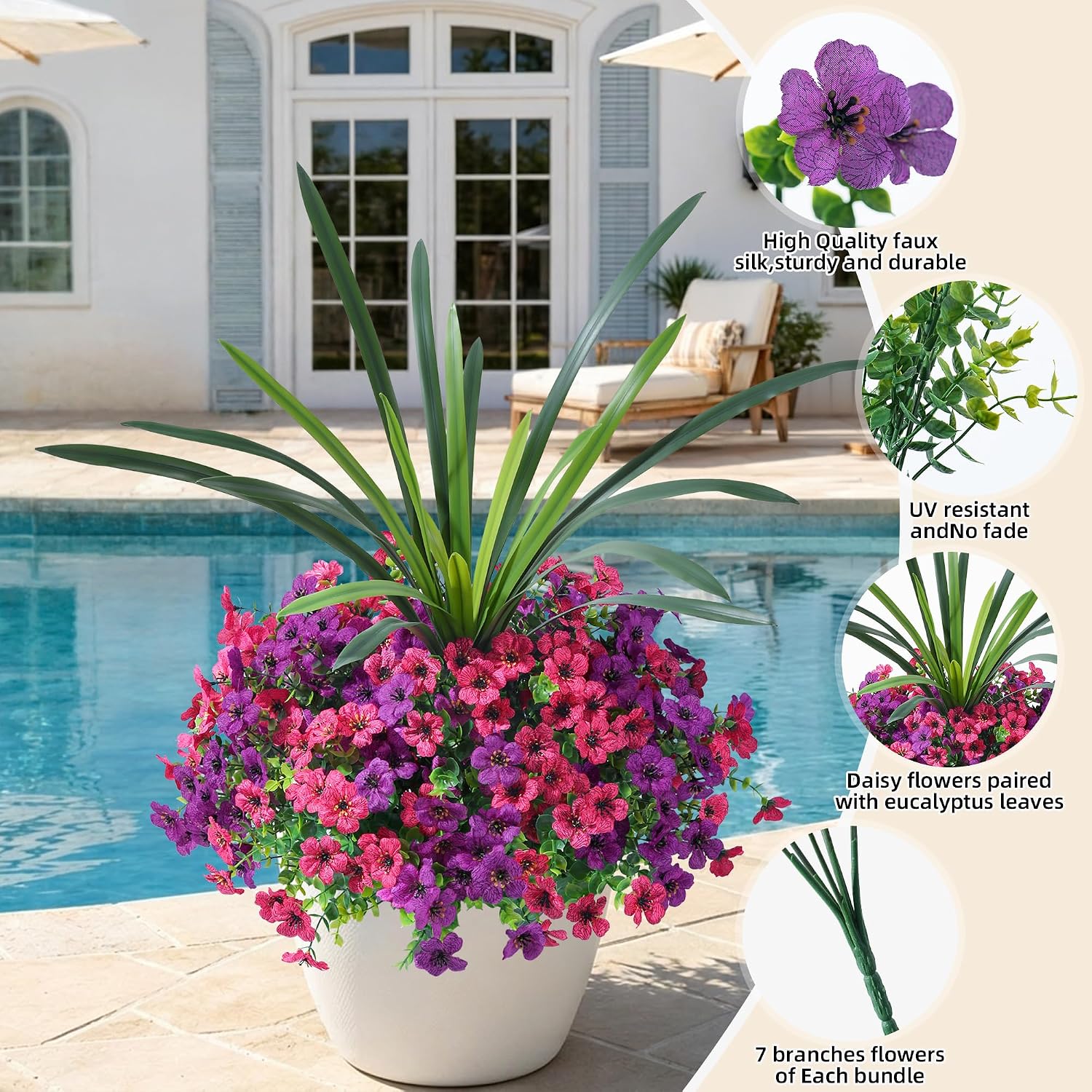 INSPRING Artificial Flowers for Outdoors, UV Resistant 12 Bundles Silk Flower Daisy with Eucalyptus + Orchid Leaf, Realistic Faux Outdoor Flowers for Porch Planter Garden Patio Boxwood, Purple Pink image 3