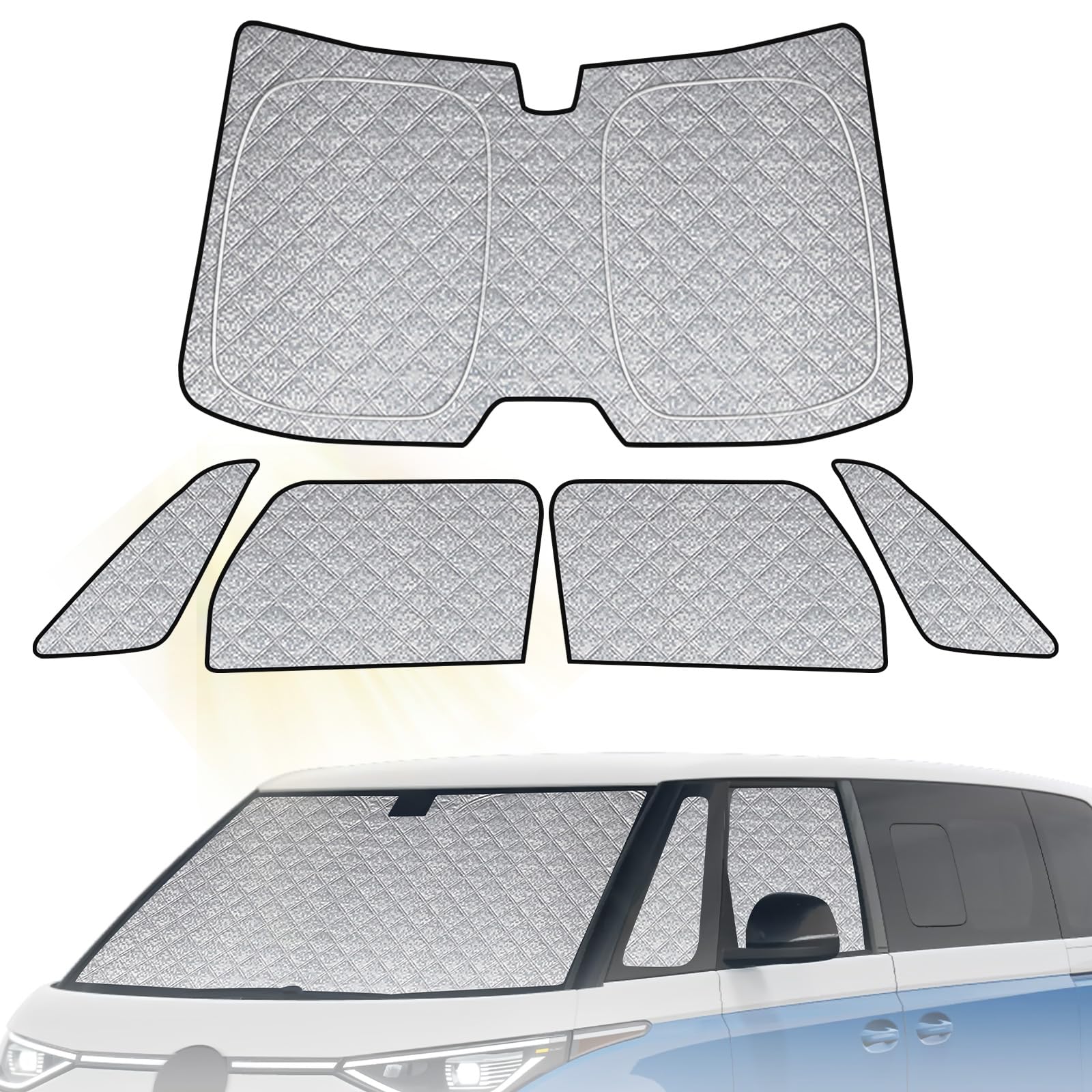 Sonnenschutz Kompatibel mit VW ID Buzz 2022-2026, 5 PCS Auto Frontscheibe Windschutzscheiben Schutz Set, Internes Thermomatte mit Aufbewahrungstasche, Faltbar Sonnenblende