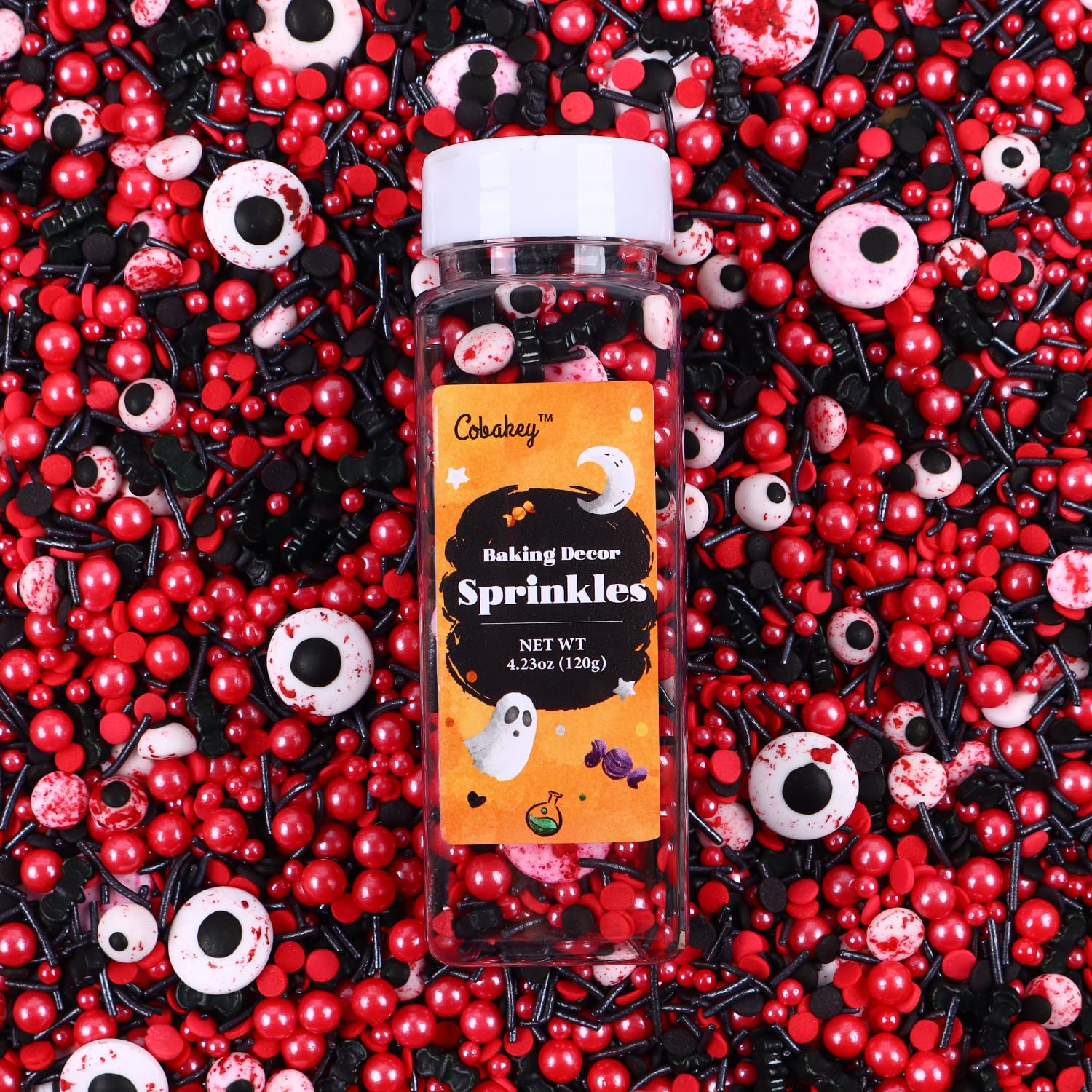 Halloween Sprinkles for Cake Decorating, Black & Red Pearl Sprinkles with Black Bats & Eyeball Candy, Perfect for Halloween Dessert Party 4.23 Ounce