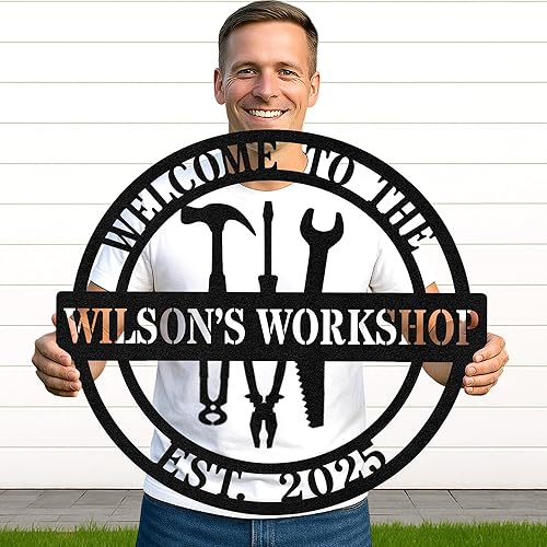Miniatura 19 de Letrero de taller de garaje personalizado para hombres, arte de pared de metal con nombre personalizado para cobertizo mecánico, decoración rústica