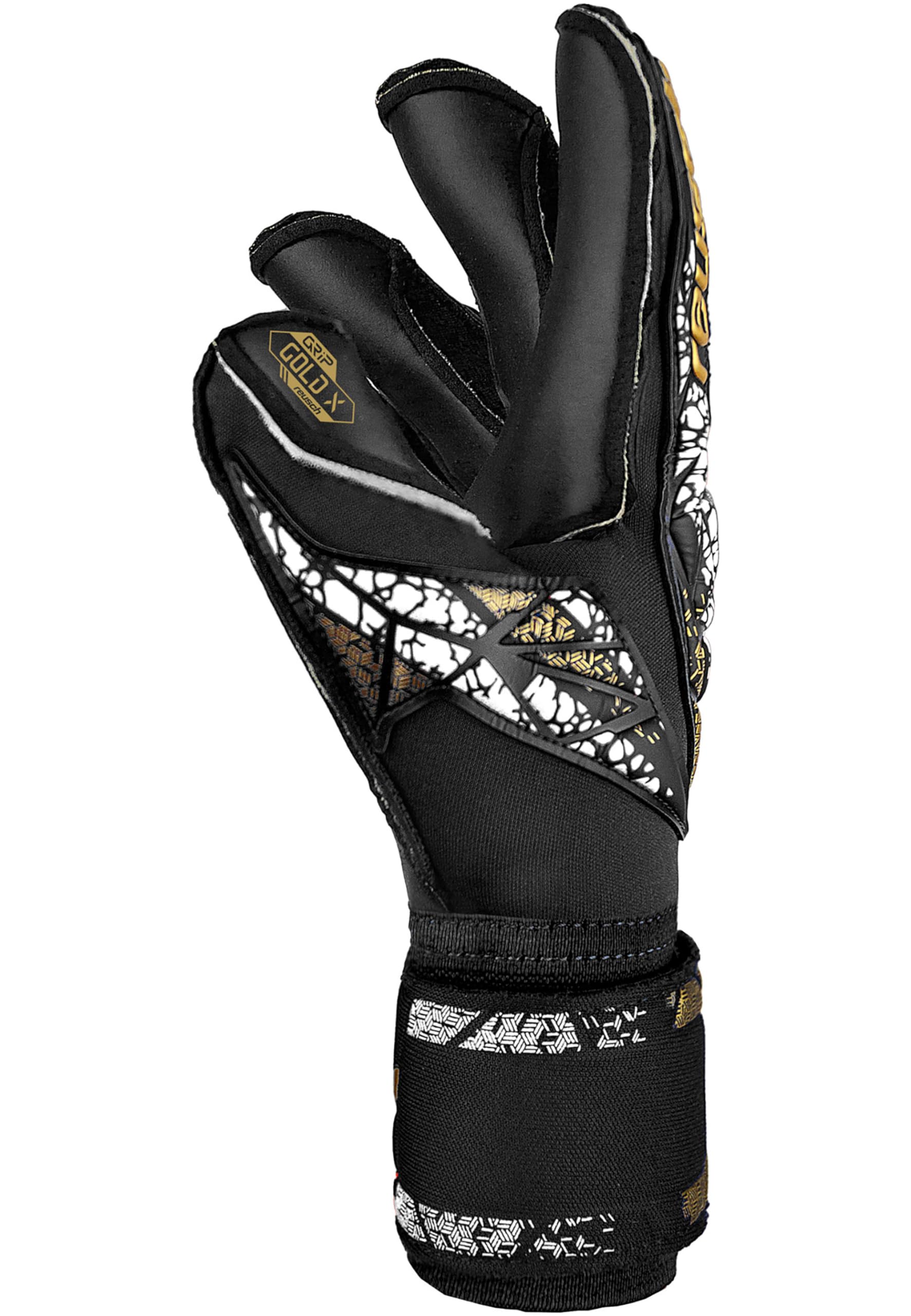 Reusch Profi Torwarthandschuhe Erwachsene | Fingerschutz | starker Grip mit Latexerweiterung | atmungsaktiv | für Training & Spiel | Natur- & Kunstrasen | Attrakt Gold X Evolution Cut Finger Support